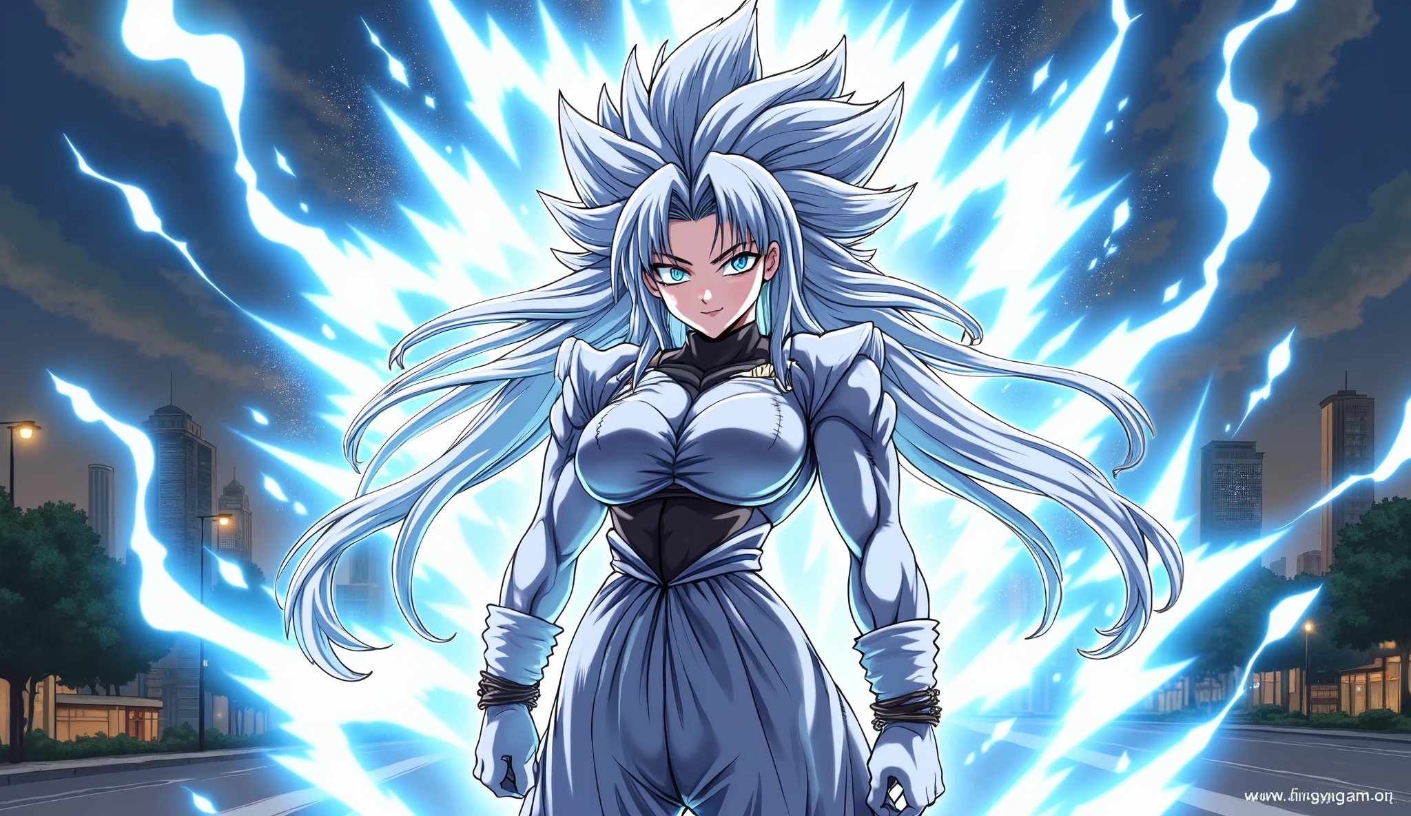 A powerful warrior in her Super Saiyan 5 transformation, she has big . She has long silver and wild hair, bright blue eyes and an average and very feminine physique. Her body is covered by a thin layer of silver hair, highlighting your intense energy . An electric and radiant aura surrounds her, crackling with pure power. The setting is a city. Your pose conveys beauty, delicadeza. anime style.