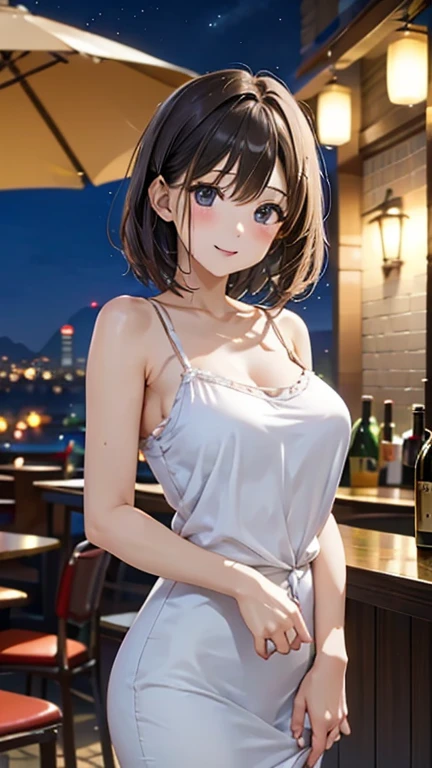 Photorealism, highest quality, Ultra-high resolution, photograph, exquisitely beautiful photograph, Extraordinary beauty, Cheek gloss highlighter, Perfect body, Biologically accurate, cute and beautiful face details, beautiful bangs, Glowing White Skin, Between the eyes, beautifulglossy hair, Smooth Hair, Thin Hair, High resolution eyes, beautiful, Bright and transparent, Large, attractive eyes, eyeliner, double eyelid, beautiful legs, Face Focus:1.3, , (From the side:1.2), A proper woman, 28 years old,((Looking at the audience:1.2)),
1 person, (魅惑的なsmile: 1.2), ((Pure and cute girl:1.3)), anegasaki nene、Shiny brown hair, short hair, Beautiful brown eyes、smile、Sparkling eyes, (Fine grain)、Ultra-detailed eyes、Highly detailed face, Highly detailed eyes,
alone, Midnight, Beautifully detailed skies, Detailed Cafe, Sitting, date, (blush), (smile: 1.15), Small breasts (Mouth closed), beautiful目, Floating hair NovaFrogStyle, backless dress