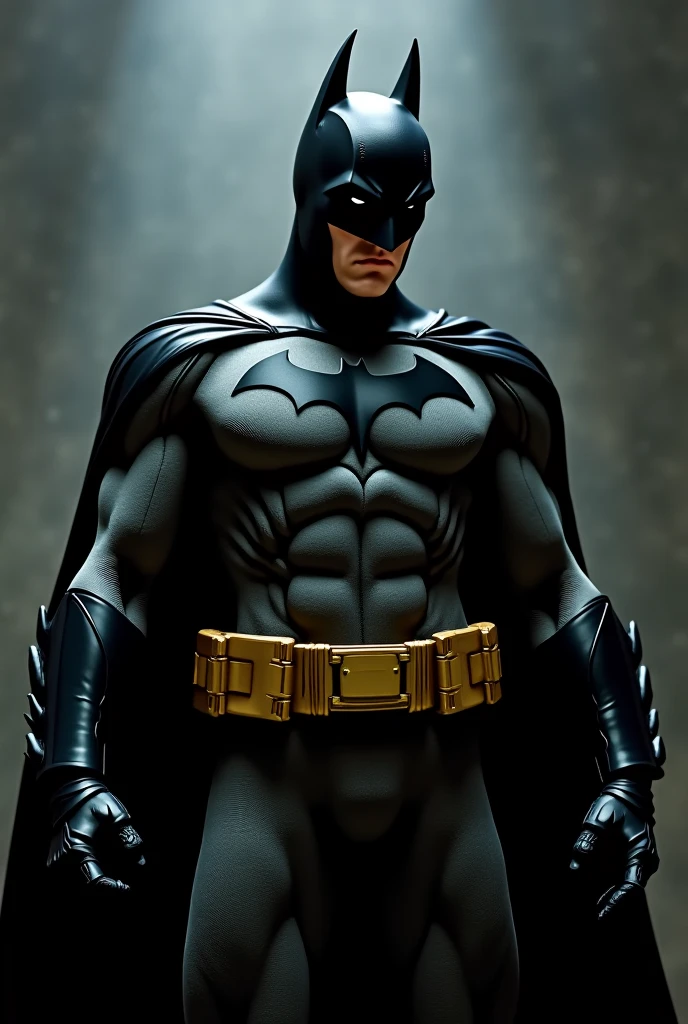 Batman in the val Kilmer with glossy all dark black The golden yellow oval and the with a sliver utility belt And black nipples on the suit