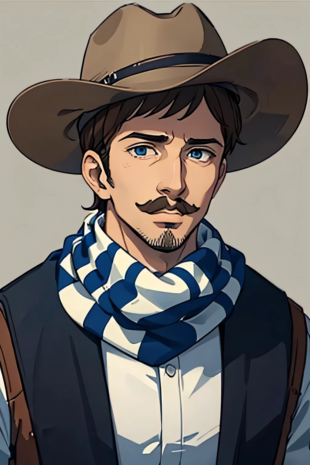 30 year old man , Amerika, koboi, kriminal, wearing a cowboy hat , wears scarf around neck, wears a bandana around the neck, wears black and white flannel shirt, wears black levis, blue eye color , brown hair, brown moustache, front facing , half body , hd