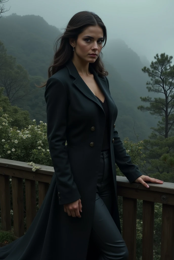 Satomi Ito, Lily Mariye, Teen Wolf, Elegant old woman, 60 years old, Mayor, fat muscular build, Long messy black hair, Black eyes, Red buttoned suit with red dress pants, Red heels, Gold pendant necklace Wolf in a golden forest background with fog