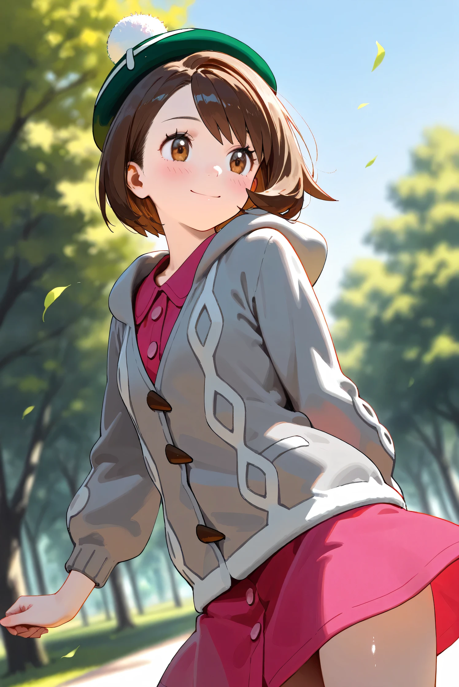(Masterpiece), (Highest quality), (Very detailed),
(The best shape), (Best Shadow), (Absurd),
(Detailed background), (So beautiful), Shiny ,
Beautiful eyes in every detail, Extraordinary, Countershading, 8k, 32K, High resolution,
Very Detailed CG, UHD,
Score_9, Score_8_up, Score_7_up, Source_anime,
(Pastel painting:1.2), (Watercolor painting:1.2),
(Masterpiece, Detailed:1.2), (Foreshortening:1.2),
Cinematic, Dramatic, (Depth of field:1.4),
(Blurry background:1.4), (Realistic background:1.4),
(Foreshortening:1.3),Dynamic angle, dynamic pose,
1 girl, from below,
Outdoor, Nature, Park, Wind, blue sky,
Pokémon,
gloria, gloria (pokemon), short hair, bangs, brown hair, brown eyes, eyelashes, bob cut,
hat, dress, buttons, cardigan, pink dress, green headwear, collared dress, cable knit, grey cardigan, tam o' shanter, hooded cardigan,
Cowboy shot, Focus on face,
(Blush:1.3), smile, happy, joyful,
Shiny skin,