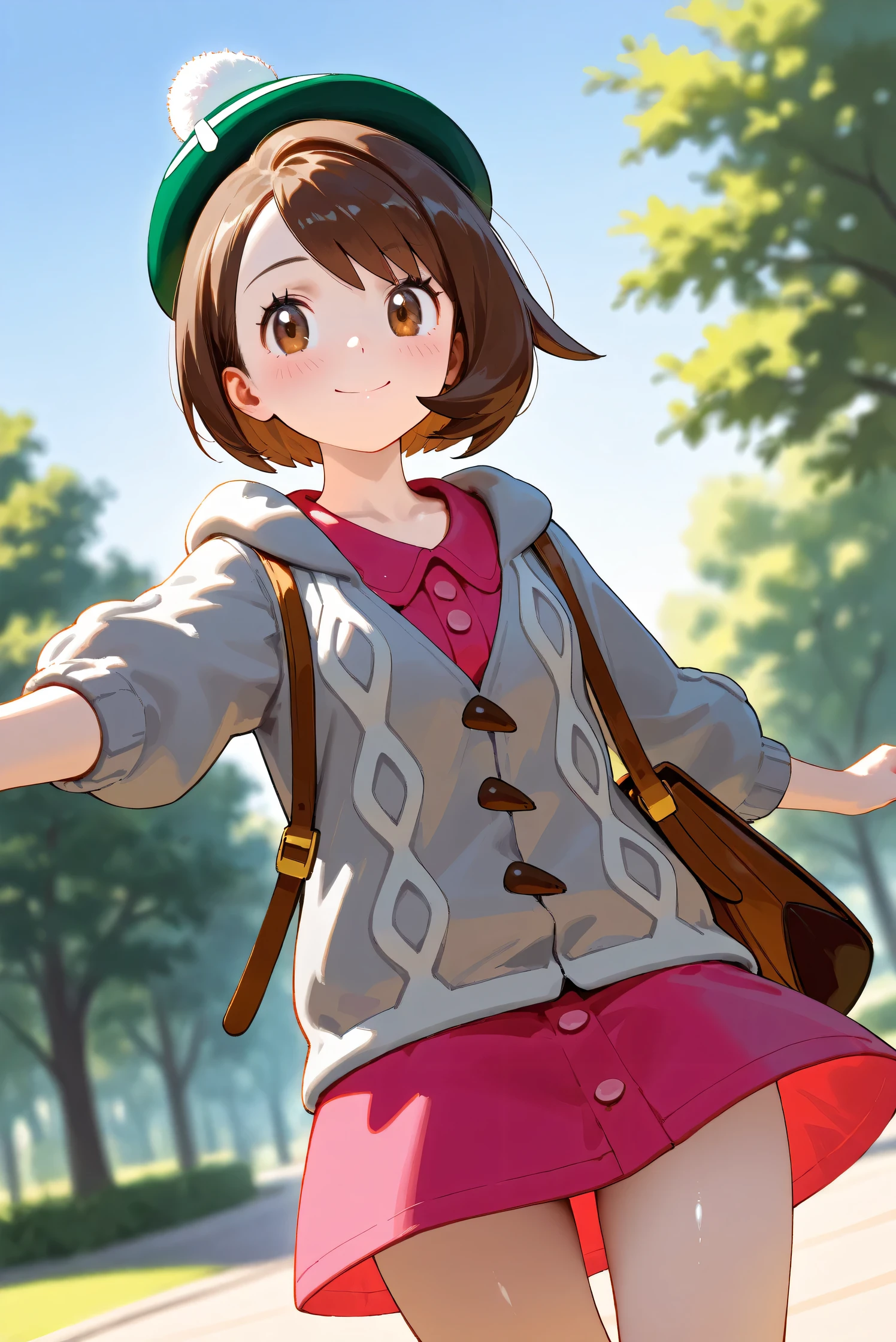 (Masterpiece), (Highest quality), (Very detailed),
(The best shape), (Best Shadow), (Absurd),
(Detailed background), (So beautiful), Shiny ,
Beautiful eyes in every detail, Extraordinary, Countershading, 8k, 32K, High resolution,
Very Detailed CG, UHD,
Score_9, Score_8_up, Score_7_up, Source_anime,
(Pastel painting:1.2), (Watercolor painting:1.2),
(Masterpiece, Detailed:1.2), (Foreshortening:1.2),
Cinematic, Dramatic, (Depth of field:1.4),
(Blurry background:1.4), (Realistic background:1.4),
(Foreshortening:1.3),Dynamic angle, dynamic pose,
1 girl, from below,
Outdoor, Nature, Park, Wind, blue sky,
Pokémon,
gloria, gloria (pokemon), short hair, bangs, brown hair, brown eyes, eyelashes, bob cut,
hat, dress, buttons, cardigan, pink dress, green headwear, collared dress, cable knit, grey cardigan, tam o' shanter, hooded cardigan,
Cowboy shot, Focus on face,
(Blush:1.3), smile, happy, joyful,
Shiny skin,