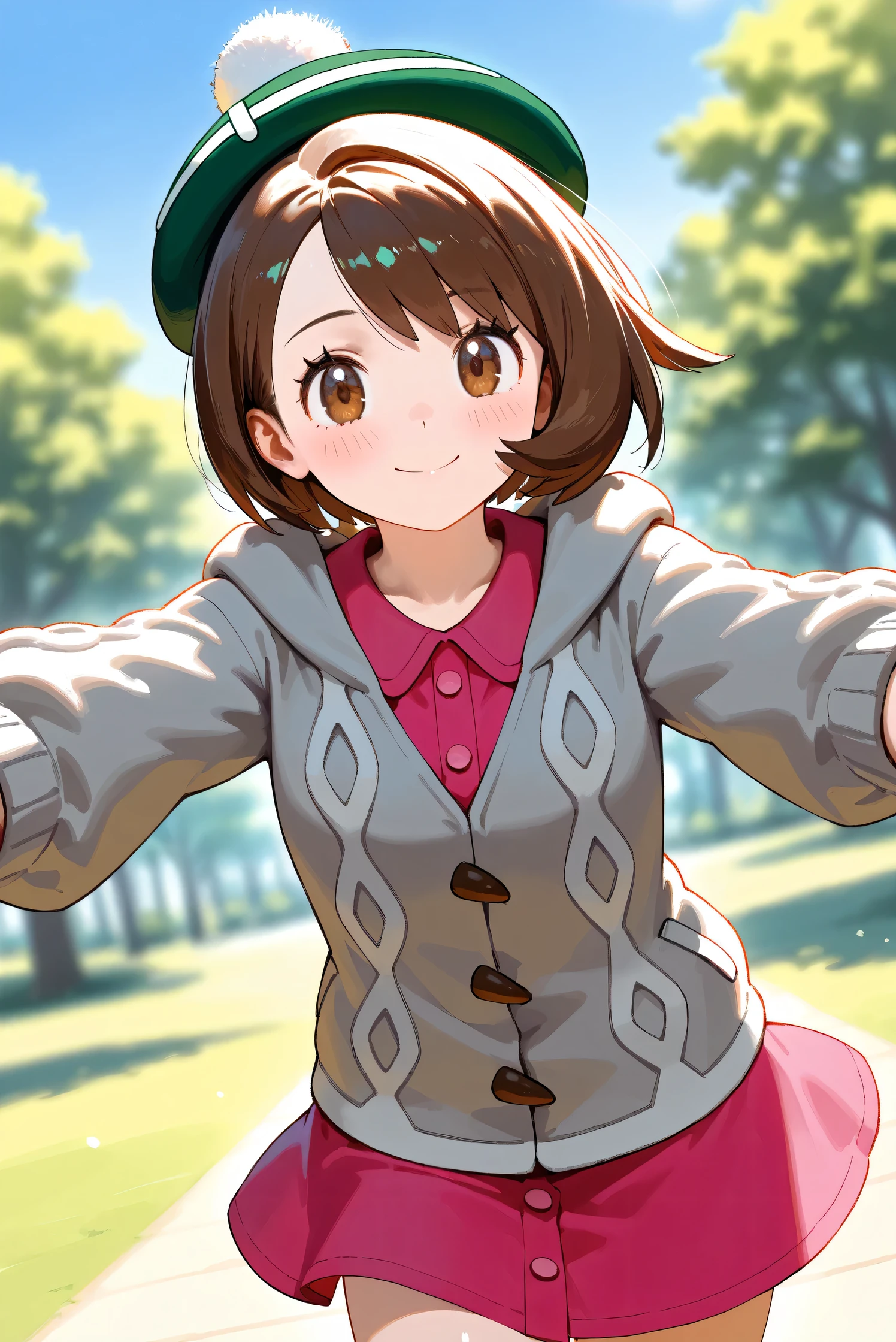 (Masterpiece), (Highest quality), (Very detailed),
(The best shape), (Best Shadow), (Absurd),
(Detailed background), (So beautiful), Shiny ,
Beautiful eyes in every detail, Extraordinary, Countershading, 8k, 32K, High resolution,
Very Detailed CG, UHD,
Score_9, Score_8_up, Score_7_up, Source_anime,
(Pastel painting:1.2), (Watercolor painting:1.2),
(Masterpiece, Detailed:1.2), (Foreshortening:1.2),
Cinematic, Dramatic, (Depth of field:1.4),
(Blurry background:1.4), (Realistic background:1.4),
(Foreshortening:1.3),Dynamic angle, dynamic pose,
1 girl, from below,
Outdoor, Nature, Park, Wind, blue sky,
Pokémon,
gloria, gloria (pokemon), short hair, bangs, brown hair, brown eyes, eyelashes, bob cut,
hat, dress, buttons, cardigan, pink dress, green headwear, collared dress, cable knit, grey cardigan, tam o' shanter, hooded cardigan,
Cowboy shot, Focus on face,
(Blush:1.3), smile, happy, joyful,
Shiny skin,