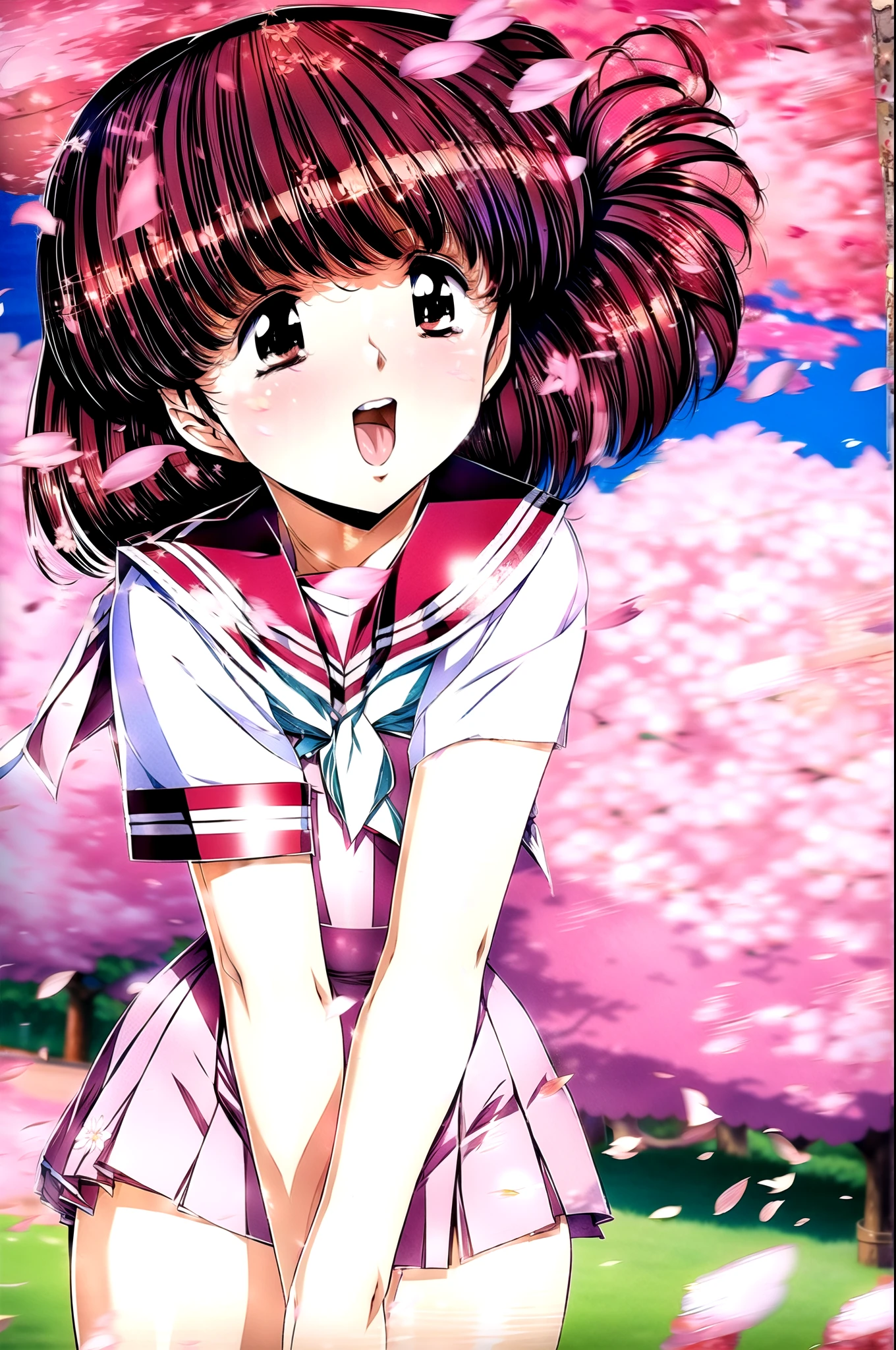 masterpiece, extremely delicate and beautiful, 8K, Best Quality, a 18 years old girl, :d, cheerful, sailor suit, school uniform, 90s style, cherry blossoms, (petals: 1.25), wind, outdoor, spring