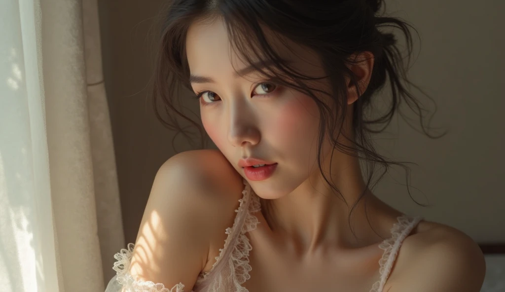 Hyper photo realistic detailed description of the most beautiful japanese goddess, perfect simetrical face, double eyelid, thin curved eyebrows, luscious curved puckered lips, long luscious eyelashes, perfect makeup, long luscious platinum black hair, golden ratio body, gigantic breasts, short crop top, show cleavage, tight thong , laying on her side, in bed natural light