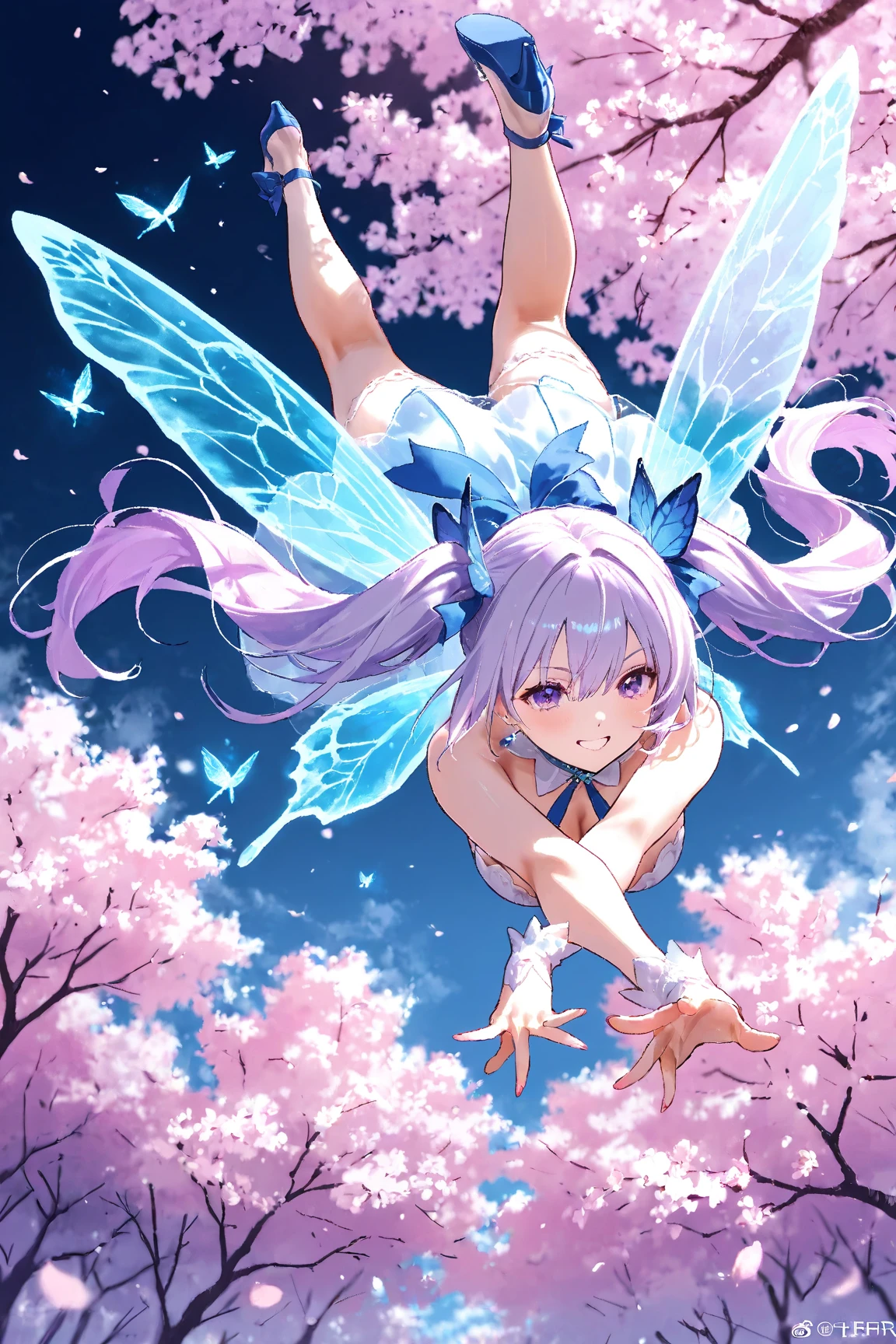 (((close up foot))), A little fairy girl is playing a prank, 、((sit cross-legged on a tree branch))、sexy, (I look up at the girls from the ground.)、(The girls who surrounded me and hugged me)、((seductive evil grin)), (Pixie)、(Butterfly on the back々Feathered)、Very little fairy、((Little fairy))、low length、(thin)、((5 years old girl))、(Transparent fair skin), (((child girl)))、Wavy、(Blue and pink Hair)、ponytail、Red scrunchie、((Forehead))、Big eyes、Grey Eyes, (Micro Bikini), ((Angle from below:1.8)), navel、(A transparent cloth is wrapped around the waist.)、(Thighs), crotch、foot, ((At the Forest Springs)), (Angle from the bottom of the girl), (In the woods)、((Sitting on a tree branch))、((Sitting cross-legged))、