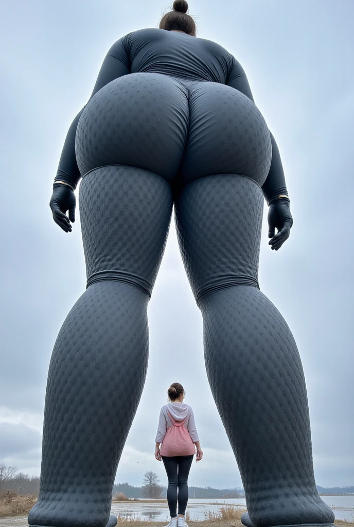 Create a photo of a 30 year old young woman, with a slender and beautiful body, completely naked, with white and clear skin, with long light brown hair, wearing hoop earrings and has her back to the camera as she is lifted high onto the shoulders of an obese black teenage girl, dark black skinned, did, lowrise, who has short hair, who wears glasses and a blue dress