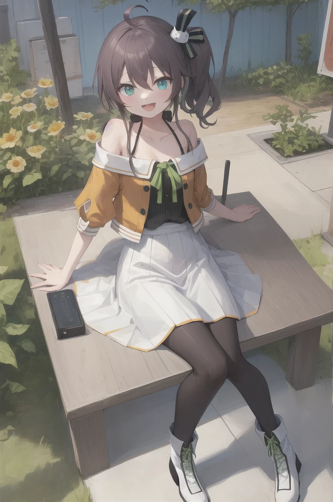masterpiece, best quality, ultra-detailed, illustration, 1girl, :d, ahoge, bangs, bare shoulders, black pantyhose, black ribbon, blush, boots, breasts, camisole, cat hair ornament, clothes lift, collarbone, crop top, cropped jacket, full body, green eyes, green ribbon, hair between eyes, hair ornament, hair ribbon, halterneck, hand up, jacket, lifted by self, looking at viewer, medium hair, midriff, miniskirt, natsuiro matsuri, neck ribbon, off-shoulder jacket, off shoulder, open mouth, orange jacket, pantyhose, pleated skirt, ribbon, shirt, short sleeves, side ponytail, side slit, skirt, skirt lift, smile, solo, spaghetti strap, standing, striped, waving, white footwear, white skirt, sad, blush, crying, tears, peeing self, peeing girl, pee stain, pee stream, dirty skirt, wetting, puddle of pee