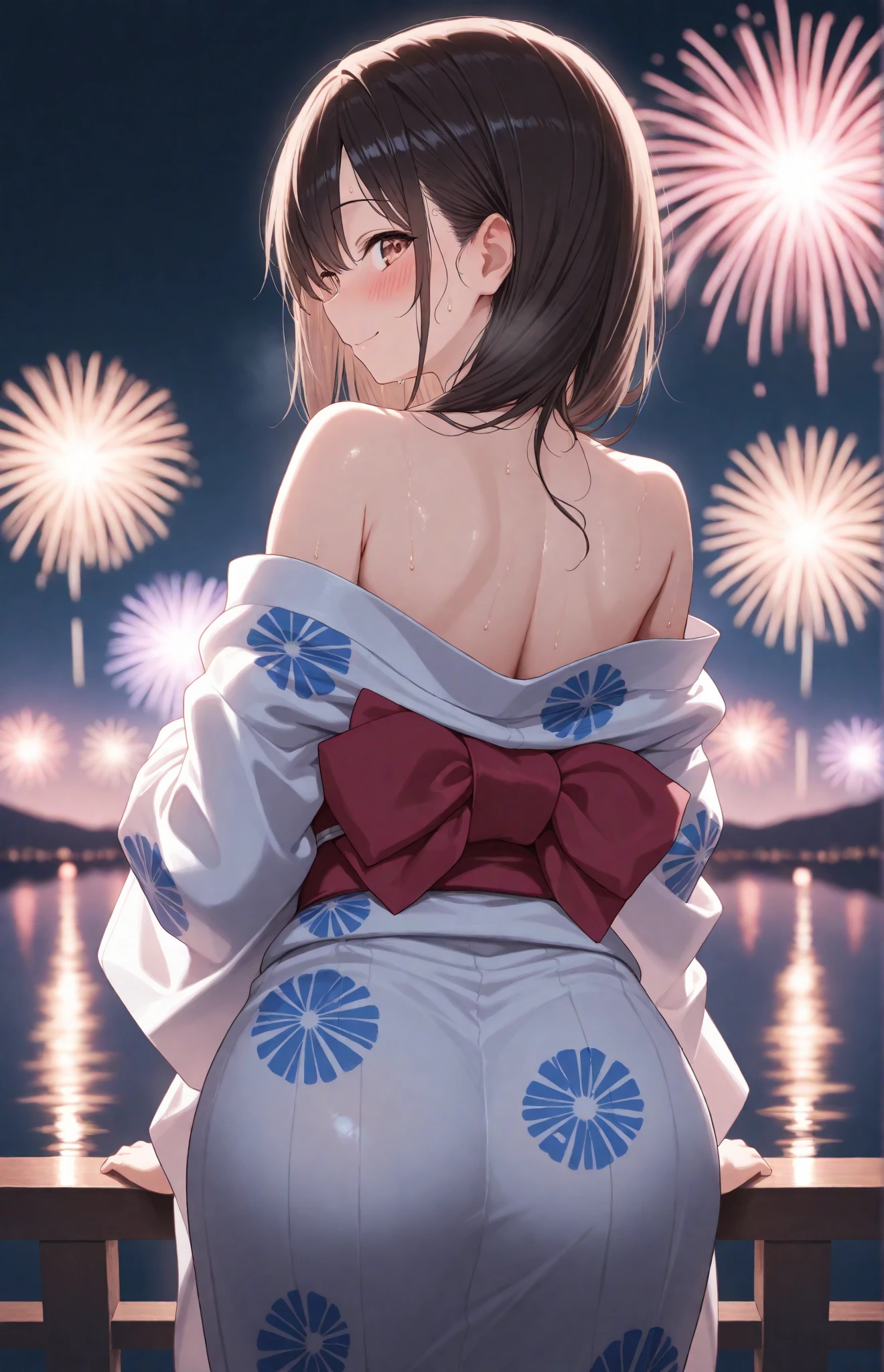 1woman, ((rollup colorful yukata, naked ass, squatting, look back)), BREAK, oily skin, black hair, ((nsfw)), night beach, fireworks background 