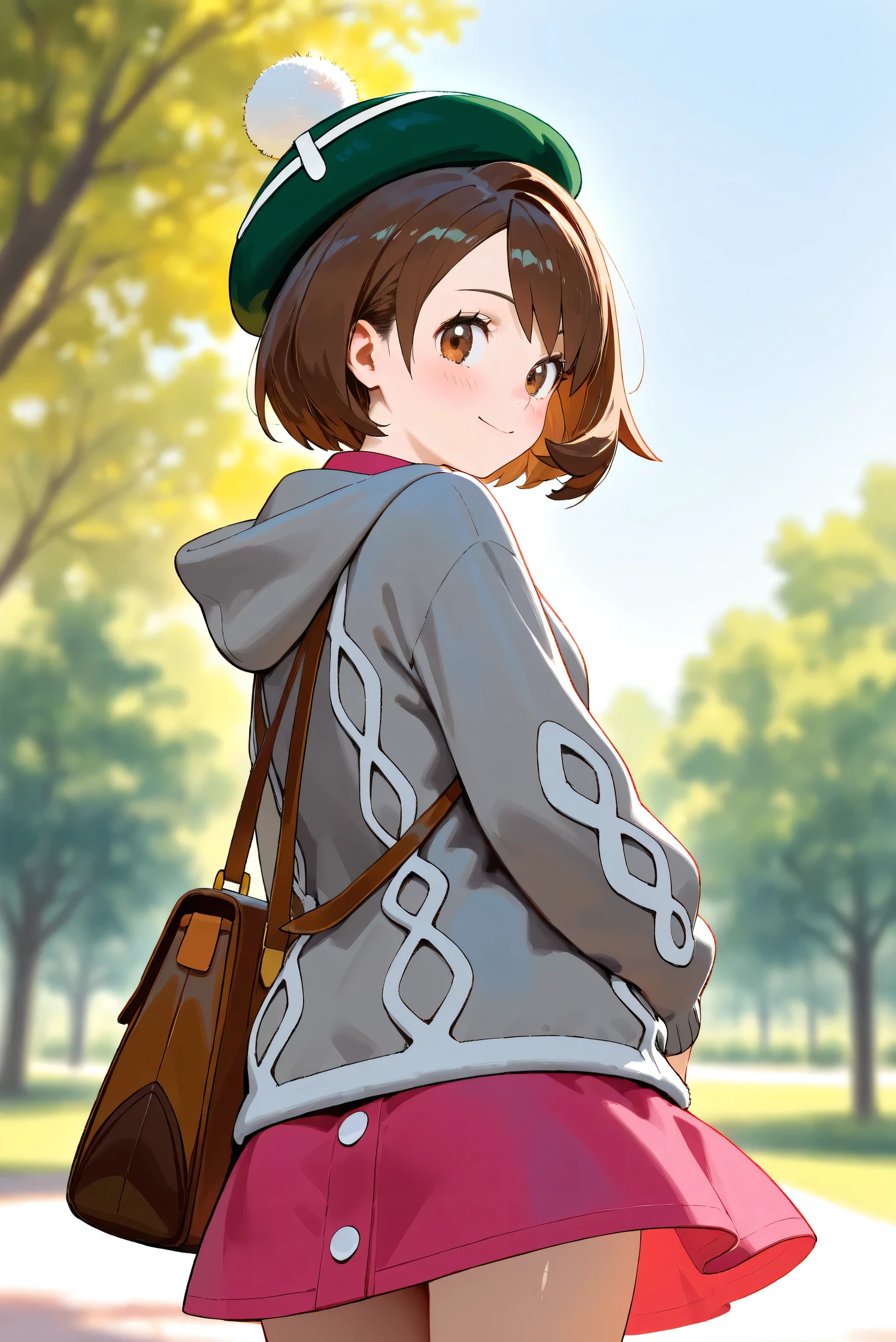 (Masterpiece), (Highest quality), (Very detailed),
(The best shape), (Best Shadow), (Absurd),
(Detailed background), (So beautiful), Shiny ,
Beautiful eyes in every detail, Extraordinary, Countershading, 8k, 32K, High resolution,
Very Detailed CG, UHD,
Score_9, Score_8_up, Score_7_up, Source_anime,
(Pastel painting:1.2), (Watercolor painting:1.2),
(Masterpiece, Detailed:1.2), (Foreshortening:1.2),
Cinematic, Dramatic, (Depth of field:1.4),
(Blurry background:1.4), (Realistic background:1.4),
(Foreshortening:1.3),Dynamic angle, dynamic pose,
1 girl, from below,
Outdoor, Nature, Park, Wind, blue sky,
Pokémon,
gloria, gloria (pokemon), short hair, bangs, brown hair, brown eyes, eyelashes, bob cut,
hat, dress, buttons, cardigan, pink dress, green headwear, collared dress, cable knit, grey cardigan, tam o' shanter, hooded cardigan,
Cowboy shot, Focus on face,
(Blush:1.3), smile, happy, joyful, looking back,
Shiny skin,