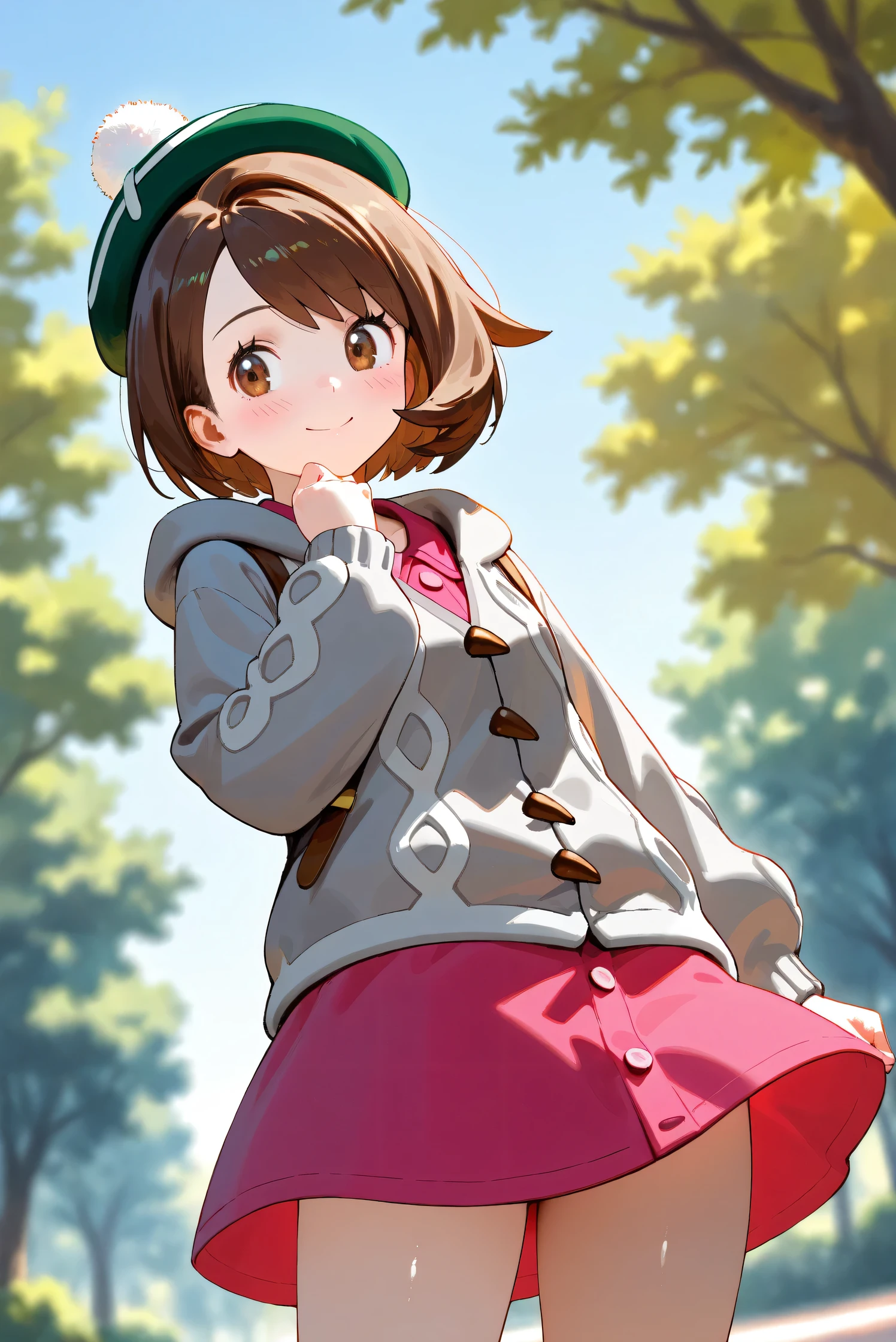 (Masterpiece), (Highest quality), (Very detailed),
(The best shape), (Best Shadow), (Absurd),
(Detailed background), (So beautiful), Shiny ,
Beautiful eyes in every detail, Extraordinary, Countershading, 8k, 32K, High resolution,
Very Detailed CG, UHD,
Score_9, Score_8_up, Score_7_up, Source_anime,
(Pastel painting:1.2), (Watercolor painting:1.2),
(Masterpiece, Detailed:1.2), (Foreshortening:1.2),
Cinematic, Dramatic, (Depth of field:1.4),
(Blurry background:1.4), (Realistic background:1.4),
(Foreshortening:1.3),Dynamic angle, dynamic pose,
1 girl, from below,
Outdoor, Nature, Park, Wind, blue sky,
Pokémon,
gloria, gloria (pokemon), short hair, bangs, brown hair, brown eyes, eyelashes, bob cut,
hat, dress, buttons, cardigan, pink dress, green headwear, collared dress, cable knit, grey cardigan, tam o' shanter, hooded cardigan,
Cowboy shot, Focus on face,
(Blush:1.3), smile, happy, joyful, looking back,
Shiny skin,