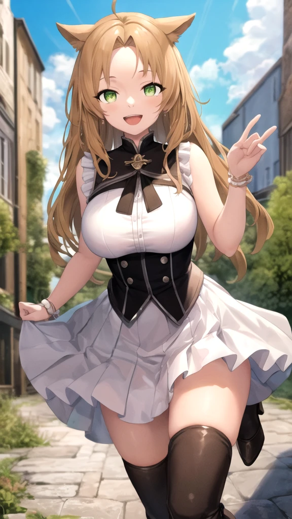 (masterpiece, best quality, ultra detailed), ((full-face blush)), (detailed background:1.2), (perfect face, detailed face), looking at viewer, (mature female:1.4), thick thighs, happy lynette, animal ears, cat ears, animal ear fluff, long hair, tail, bow, cat tail, pantyhose, cat girl, long sleeves, braid, cleavage, black pantyhose, medium breasts, skirt, star \(symbol\), (garden, outdoors, standing, leaning forward, arms behind back),