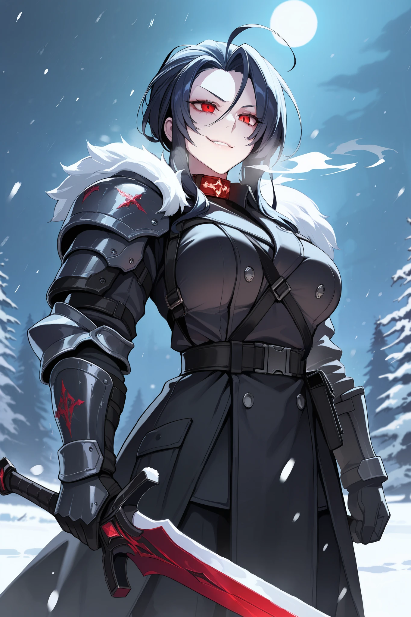 absurdres, (((Ultra HD))), (((Ultra High Quality))), ((hyper detailed)), ((Ultra High Resolution)), (Highly rendered), ((detailed eyes)), (((8K))), ((perfect face)), ((masterpiece)), cinematic, darkened, solo, 1girl, tall, dark blue hair, long hair, slicked back, ahoge, smirk, red eyes, medium breasts, tactical clothes, black trench coat, fur collar, shoulder armor, gauntlets, sword, holding sword, snow, Arctic region, nighttime, moonlight, snowing, heavy snow, blizzard, frost over clothes, cold breath