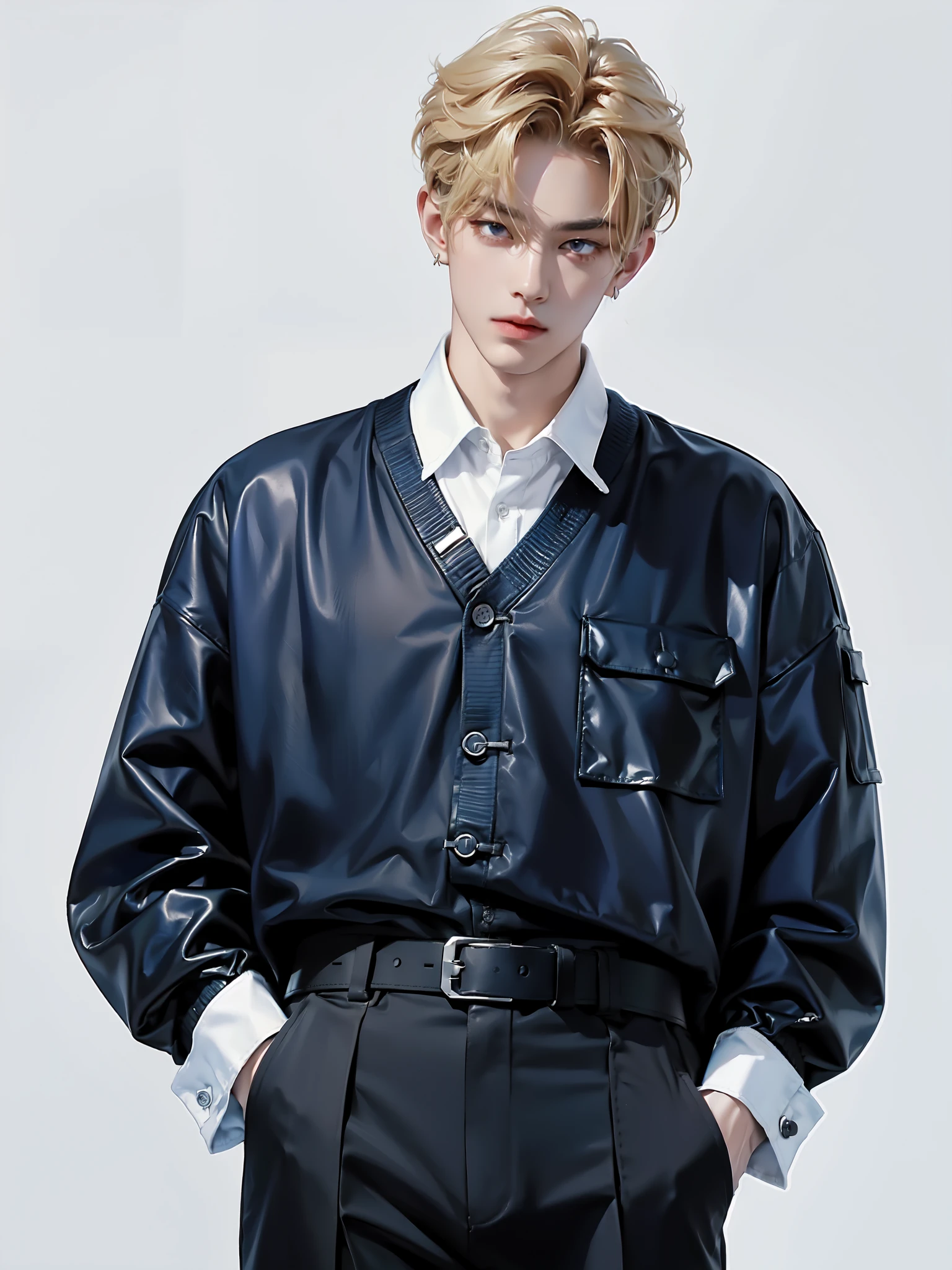 4k)) ((very high quality)) ((white background))Korean, Штаны группы K-pop , Sonmin is a tall and slender young man, leather harness with soft features ...... His hair is colored light brown ......., , neckline that gives the look freshness and originality . Hair is styled in a light style...., Every day , bam, covering his entire frontal part , that emphasizes his relaxed and stylish look . He has expressive brown eyes with sparkling energy and a soft smile......, , that immediately draws your attention . Sonmin wears a white V-shirt With a, at the top, he wore a , которые выглядит как suspend. high-waisted black pants . He has , collar around his neck with small earrings ((very detailed face)) (( detailed eyes)) (( relaxed pose )) ((full size pose)) ((looks at me)) (( hands are relaxed )) (( blonde)) ((detailed face)) ((hand in pocket) ((full size pose)) (( stands upright )) ((bam, covering the forehead )) ((длинная bam)) (( blue sweater )) ((belt, suspend)) ((glossy button-down shirt with pockets ))