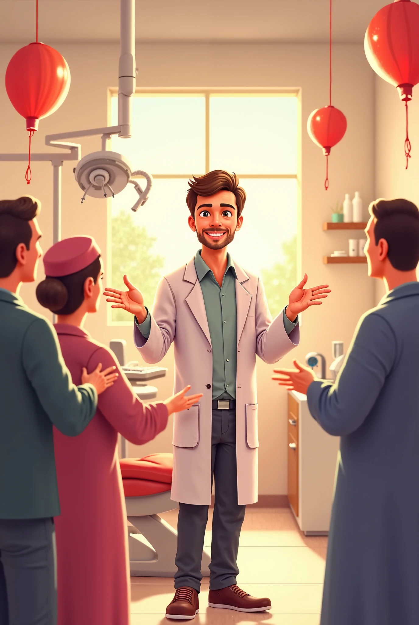 is a handsome dentist and his skin is Samra sitting in his clinic with a dental chair next to him. He congratulates everyone on Eid Al-Fitr .  The character of Avatar 