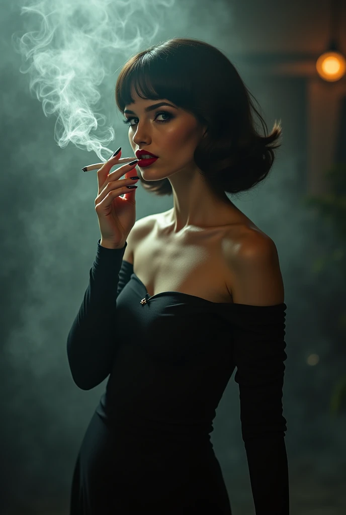 a glamorous 1940s female gangster, exquisitely dressed, ultra-sexy, holding a cigarette holder, smoke, sophisticated retro hairstyle, red lipstick, dramatic chiaroscuro lighting, photorealistic, 8k, hyperdetailed, high-fashion editorial, cinematic composition, moody and atmospheric, dramatic shadows, sultry and alluring