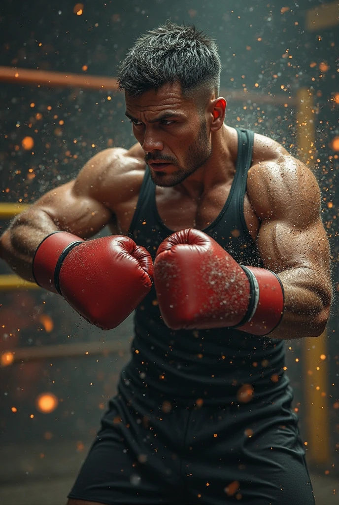 shirtless, sweat-drenched, covered with sweat, sweating profusely, 21-year old short black hair handsome caucasian male, open white shirt, boxing gloves, tattered jeans, sneakers, fighting thugs