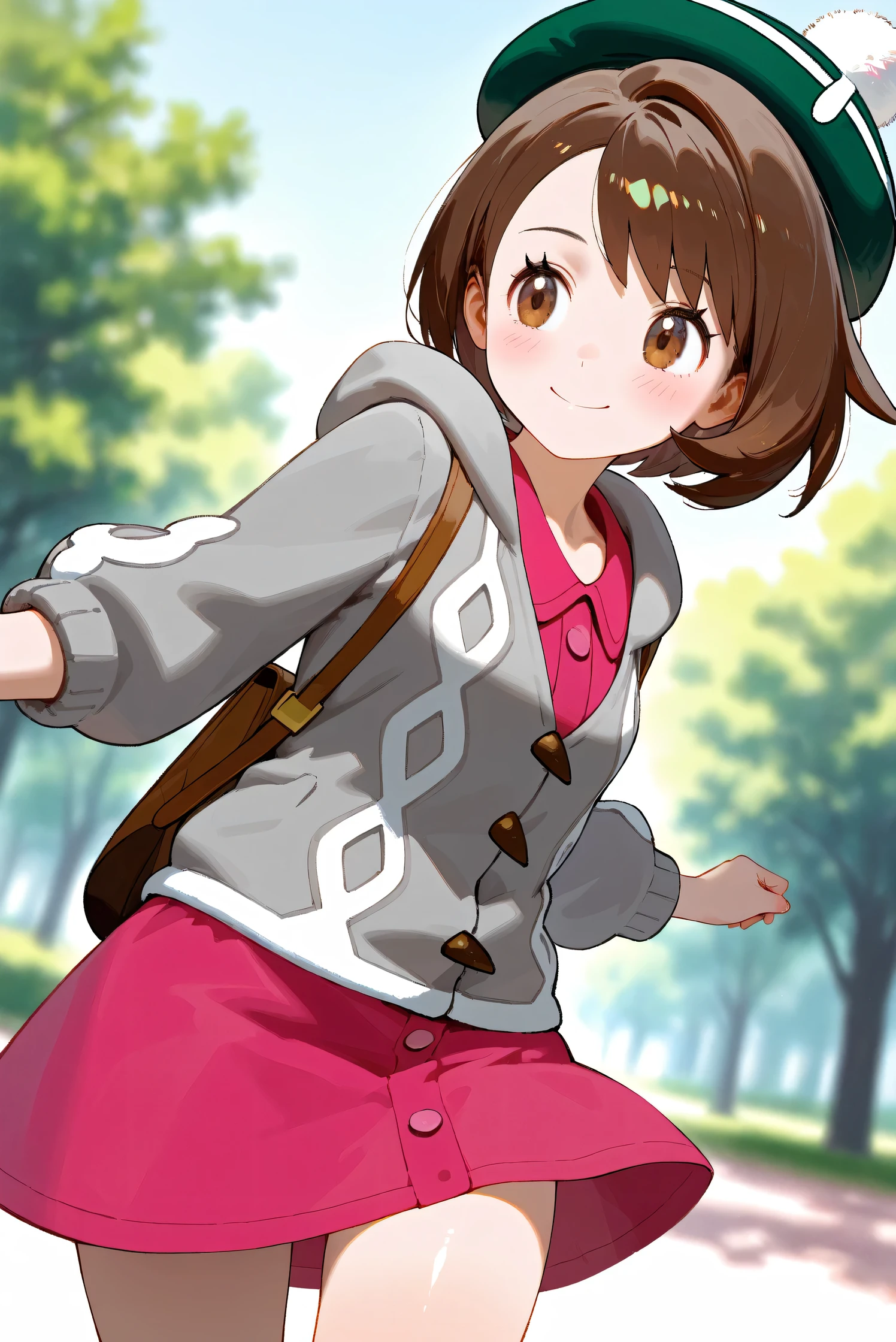 (Masterpiece), (Highest quality), (Very detailed), 
(The best shape), (Best Shadow), (Absurd), 
(Detailed background), (So beautiful), Shiny , 
Beautiful eyes in every detail, Extraordinary, Countershading, 8k, 32K, High resolution, 
Very Detailed CG, UHD,

Score_9, Score_8_up, Score_7_up, Source_anime, 
(Pastel painting:1.2), (Watercolor painting:1.2),
(Masterpiece, Detailed:1.2), (Foreshortening:1.2),

Cinematic, Dramatic, (Depth of field:1.4),
(Blurry background:1.4), (Realistic background:1.4),
(Foreshortening:1.3),Dynamic angle, dynamic pose,
1 girl, from below,
Outdoor, Nature, Park, Wind, blue sky,

Pokémon,
gloria, gloria (pokemon), short hair, bangs, brown hair, brown eyes, eyelashes, bob cut,

hat, dress, buttons, cardigan, pink dress, green headwear, collared dress, cable knit, grey cardigan, tam o' shanter, hooded cardigan,

Cowboy shot, Focus on face,
(Blush:1.3), smile, happy, joyful, looking back,
Shiny skin,