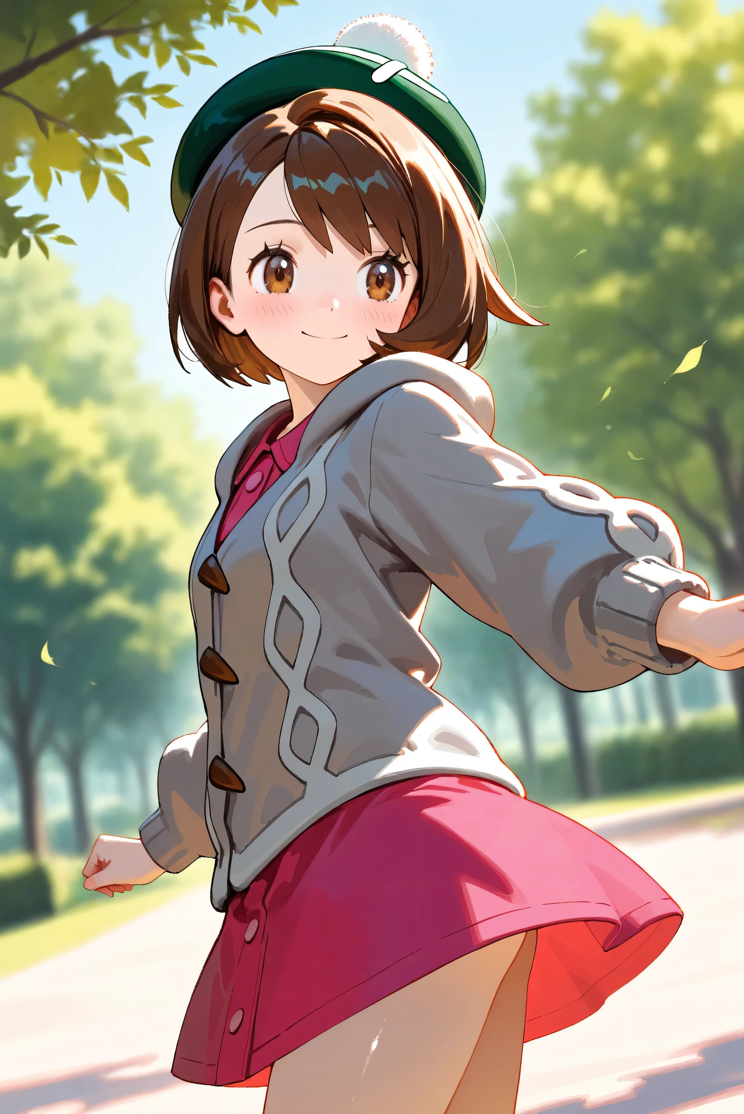 (Masterpiece), (Highest quality), (Very detailed),
(The best shape), (Best Shadow), (Absurd),
(Detailed background), (So beautiful), Shiny ,
Beautiful eyes in every detail, Extraordinary, Countershading, 8k, 32K, High resolution,
Very Detailed CG, UHD,
Score_9, Score_8_up, Score_7_up, Source_anime,
(Pastel painting:1.2), (Watercolor painting:1.2),
(Masterpiece, Detailed:1.2), (Foreshortening:1.2),
Cinematic, Dramatic, (Depth of field:1.4),
(Blurry background:1.4), (Realistic background:1.4),
(Foreshortening:1.3),Dynamic angle, dynamic pose,
1 girl, from below,
Outdoor, Nature, Park, Wind, blue sky,
Pokémon,
gloria, gloria (pokemon), short hair, bangs, brown hair, brown eyes, eyelashes, bob cut,
hat, dress, buttons, cardigan, pink dress, green headwear, collared dress, cable knit, grey cardigan, tam o' shanter, hooded cardigan,
Cowboy shot, Focus on face,
(Blush:1.3), smile, happy, joyful, looking back,
Shiny skin,