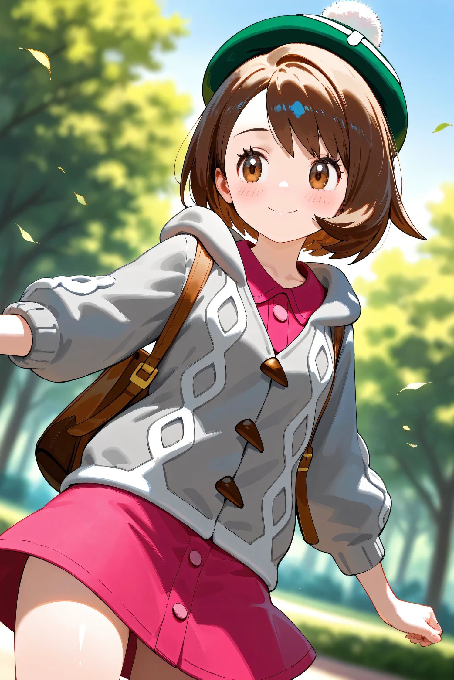 (Masterpiece), (Highest quality), (Very detailed),
(The best shape), (Best Shadow), (Absurd),
(Detailed background), (So beautiful), Shiny ,
Beautiful eyes in every detail, Extraordinary, Countershading, 8k, 32K, High resolution,
Very Detailed CG, UHD,
Score_9, Score_8_up, Score_7_up, Source_anime,
(Pastel painting:1.2), (Watercolor painting:1.2),
(Masterpiece, Detailed:1.2), (Foreshortening:1.2),
Cinematic, Dramatic, (Depth of field:1.4),
(Blurry background:1.4), (Realistic background:1.4),
(Foreshortening:1.3),Dynamic angle, dynamic pose,
1 girl, from below,
Outdoor, Nature, Park, Wind, blue sky,
Pokémon,
gloria, gloria (pokemon), short hair, bangs, brown hair, brown eyes, eyelashes, bob cut,
hat, dress, buttons, cardigan, pink dress, green headwear, collared dress, cable knit, grey cardigan, tam o' shanter, hooded cardigan,
Cowboy shot, Focus on face,
(Blush:1.3), smile, happy, joyful, looking back,
Shiny skin,