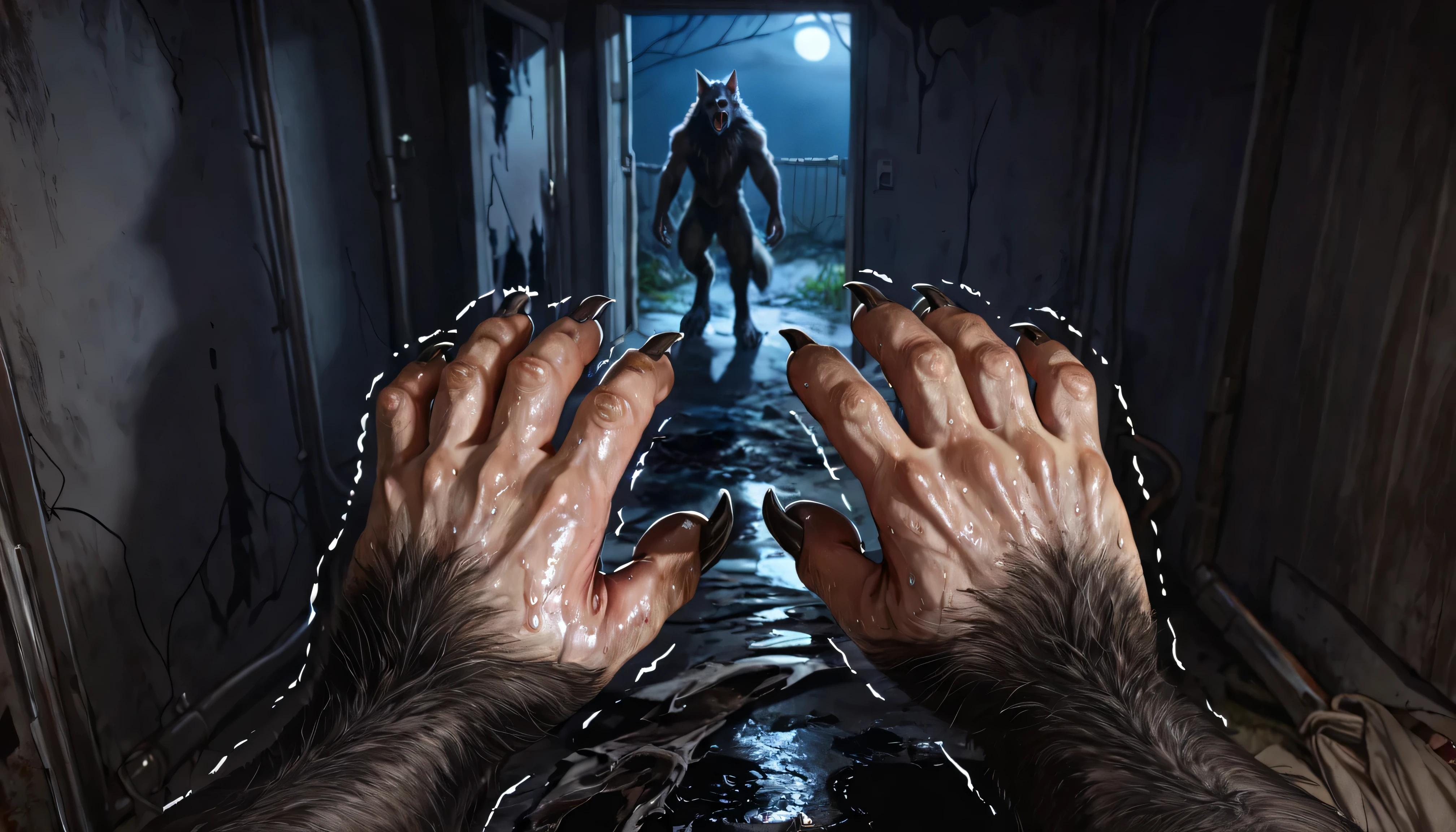 Pov, looking at own body, Werewolf:1.3, Werewolf transformation, body, morfing, paw:1.3, animal toes, grey thick fingers, claws, ((fur)), shaking:1.1, sweating, thick fingers, torn clothes, torn socks, deep night, ((darkness, dramatic moonlight, night)), abandoned jail, ((Ultra-detailed, Realistic, realistic:1.37), 4k, 8k, RAW, HDR, UHD, Canon EOS P3, Canon EOS R3, 85mm f/1.4, 15mm, 35mm, 80mm, f2.8, high resolution, hd, full colour, 4k, high definition, sharp focus, smooth, Professional, cinematic, extreme detail, (high detail:1.4) description, masterpiece, deep shades, best quality,))
