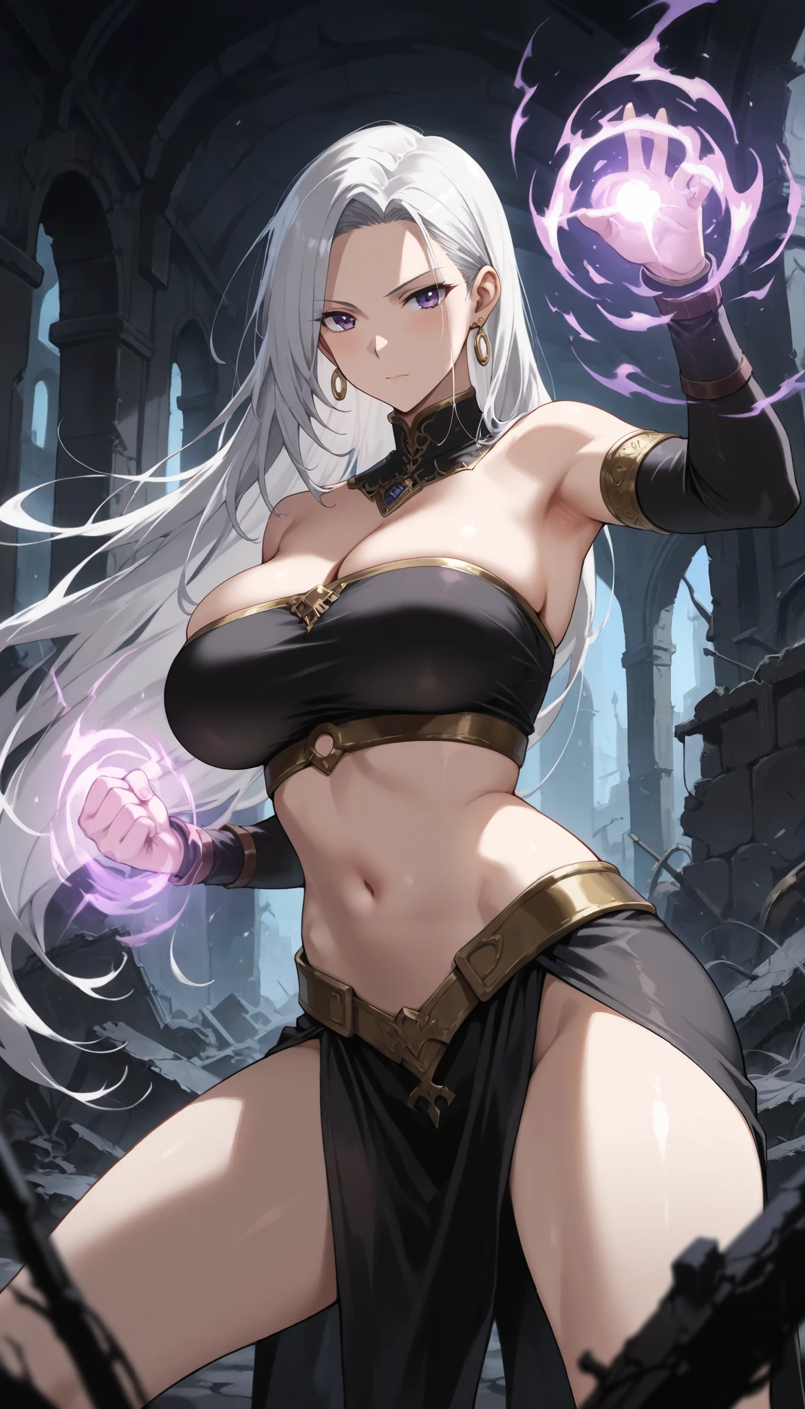 A female demon with elf ears, a mature face with a wicked smile, and bulky body with huge breasts and bust, silver hair with purple locks and demonic purple eyes, roupa preta, unhas grandes longas e pontiagudas, floresta escura