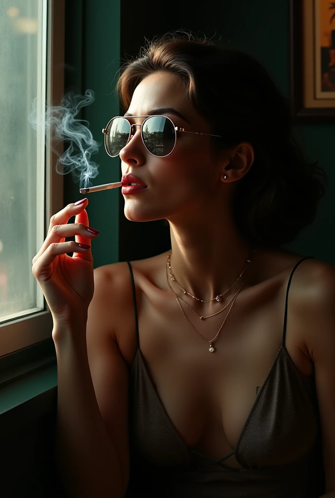 Latin brunette curly hair with blue eyes smoking a cigarette at the window of a house with a view of Lake Como