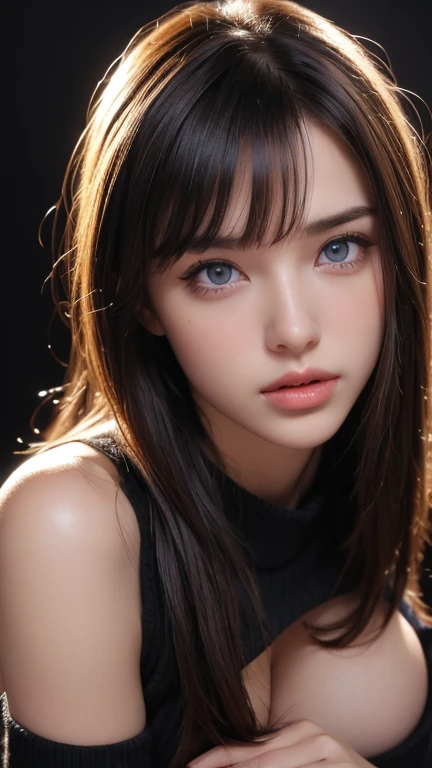  facing the camera head on, hyper detailed, realistic, sharp features, highly detailed, sharp focus, perfect face, perfect symmetrically perfect eyes, perfect full lips, flexible female form, cinematic, film light, hyper realistic, masterpiece, atmospheric, vibrant, dynamic natural lighting, nsfw, bokeh light background, Sexy face, Facial expressions when receiving pleasure, straight Bangs, blue Eyes, over size black jacket, freckles, full body shot, beautiful breasts, cleavage