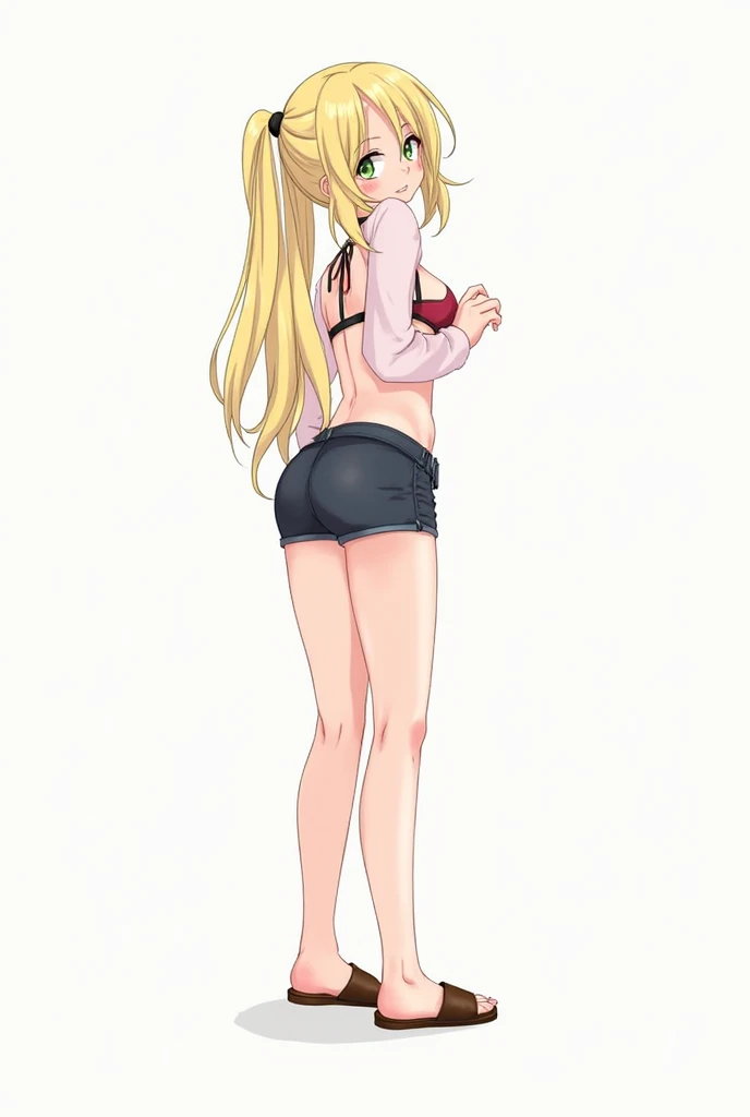 score_9, score_8_up, score_7_up, rating_explicit, 1girl, solo, MahiruShiina, otonari no tenshi-sama ni itsu no mani ka dame ningen ni sarete ita ken, shiina mahiru \(otonari no tenshi-sama\), yellow eyes, blonde hair, long hair, straight hair, medium breasts, camisole, pink camisole, crop top, shorts, denim shorts, thighhighs, black thighhighs, skindentation, bare arms, shoulder blades, from behind, cowboy shot, leaning forward, looking at viewer, looking back, ass focus, simple background, white background, blush, smile, :d, open mouth