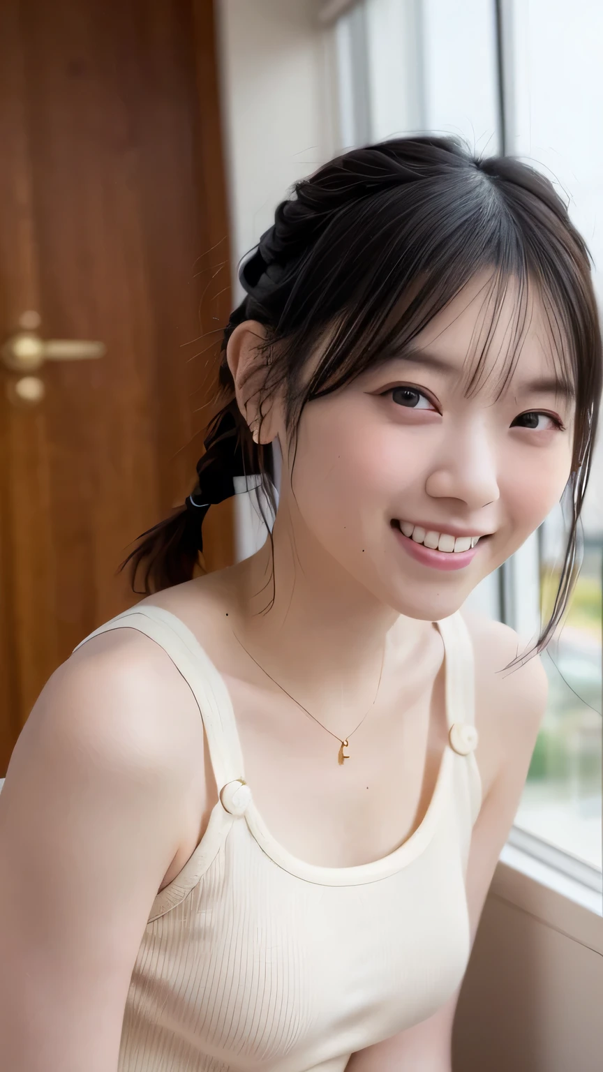 bright表情、photorealistic stick:1.32、highest quality、超A high resolution、Photos of the most beautiful Japan girls、cute and beautiful face details、small face、(Pueros face_V1:0.008)、美しいbangs、10 years old、Brilliant white skin、hair gets tangled in face、顔まで伸びるbangs、bangs、hair between eyes、charming brown silky hair、bright、Clear eyes shine charmingly、dynamic pose、highest quality、disorganized、((the cutest girl in the world))、Japanese、on the bed、((A dress with lace frills:1.3))、(side tail:1.3)、(tie with a thin ribbon)、nice and cute、innocent smile、nice smile、Bumpy chest、(big breasts:1.3)、(Crawl on all fours and look up:1.3)、ponytail、brown hair、thin waist、detailed beautiful eyes、view audience、Upper body、close up of face、Front view、