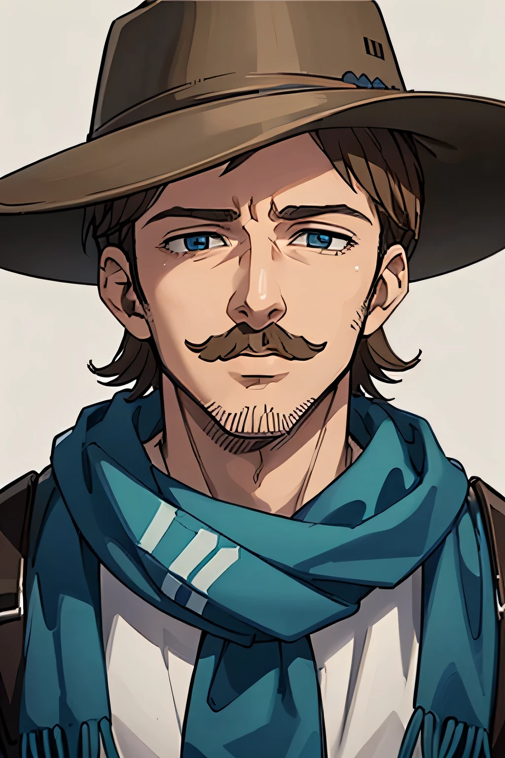  30 year old man , Amerika, koboi, kriminal, wearing a cowboy hat , wears scarf around neck, wears a bandana around the neck, wears black and white flannel shirt, wears black levis, blue eye color , brown hair, brown moustache,  front facing ,  half body , hd