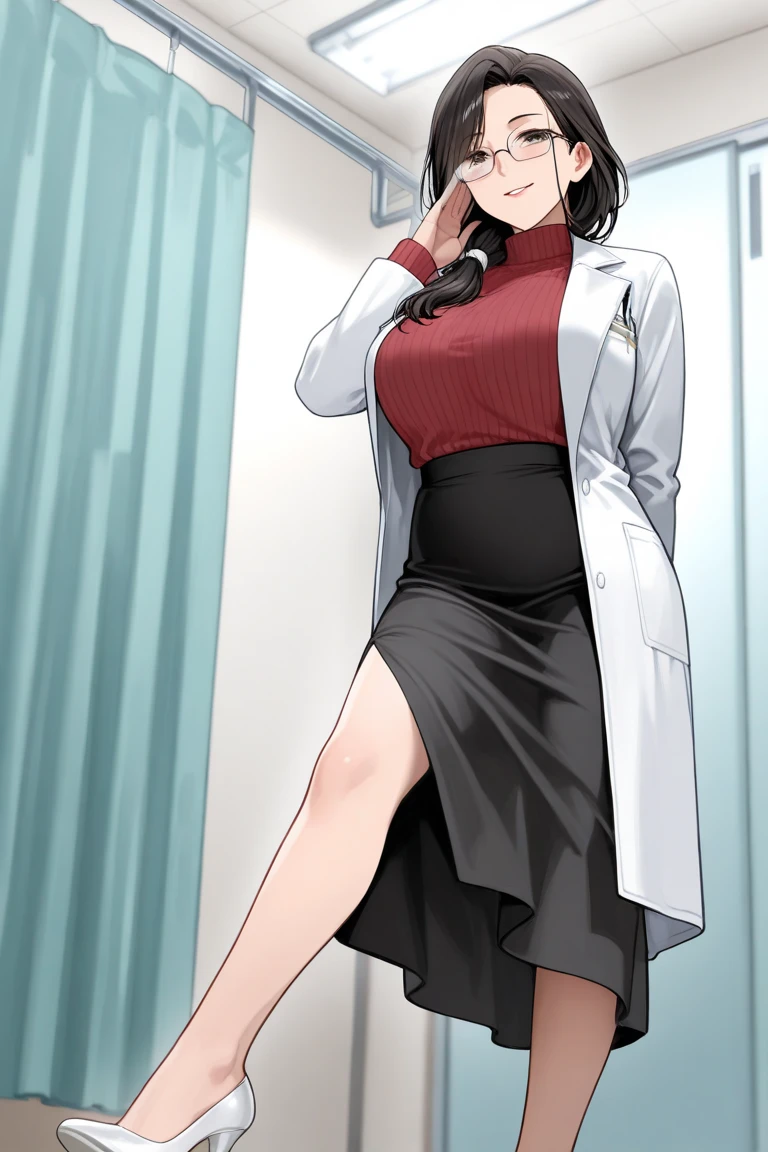 ((masterpiece, best quality, high quality)),1girl, (lower body, hospital), (doctor_uniform, labcoat, stethoscope, doctor),Large Breasts,cleavage,lipstick