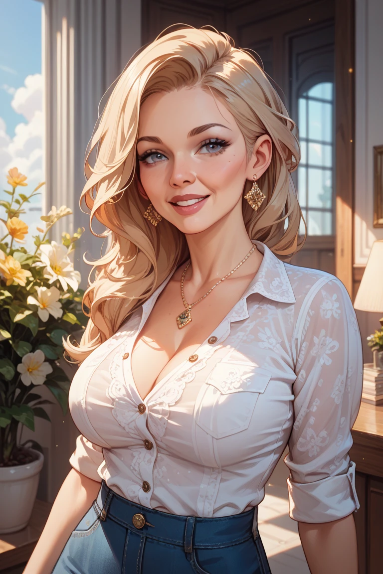 Portrait photo, medium close-up, Bounced lighting,
1girl, young woman, sexy, fair skin, stylish, makeup, (freckles:0.8), Flat chest, cleavage, slim waist, wide hips, thick thighs, curvy
wearing maxi skirt with a white or cream-colored blouse, tucked in, and finished with a pair of brown or tan ankle boots
in A quaint thatched cottage with a flower garden
BREAK
Medium Blonde hair, Deep side part,
<lora:Sexy-Polish:1>
<lora:add_detail:0.5>