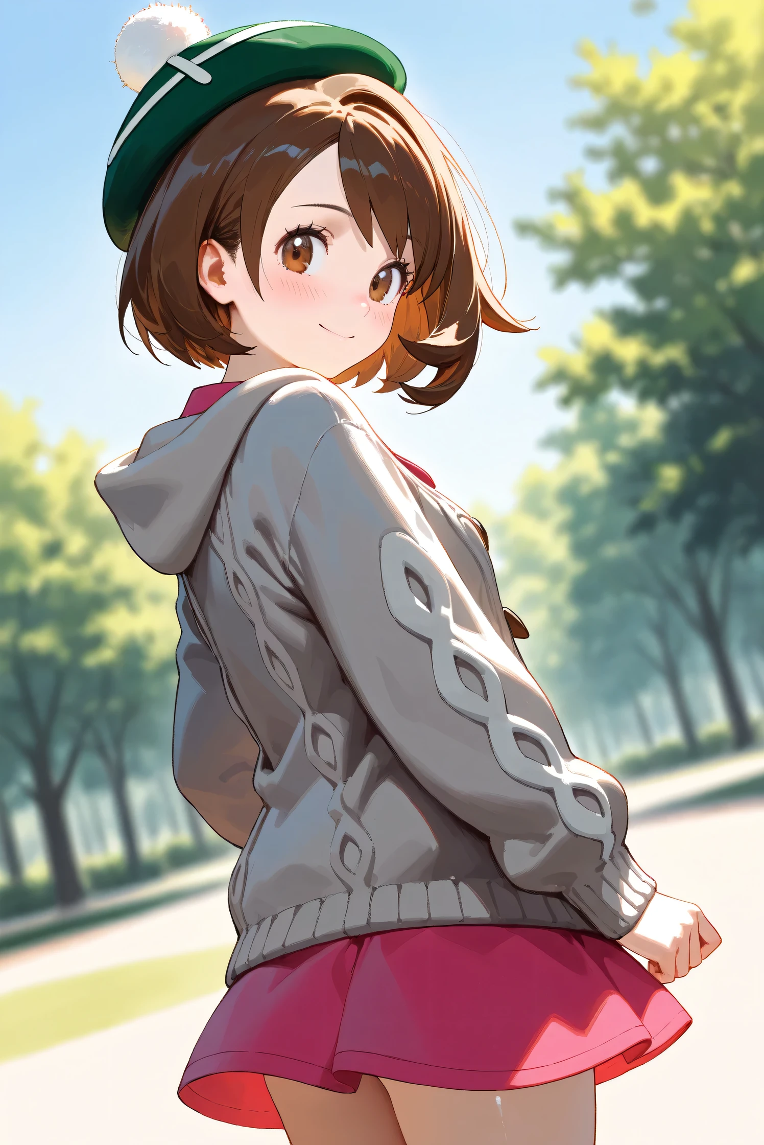 (Masterpiece), (Highest quality), (Very detailed), 
(The best shape), (Best Shadow), (Absurd), 
(Detailed background), (So beautiful), Shiny , 
Beautiful eyes in every detail, Extraordinary, Countershading, 8k, 32K, High resolution, 
Very Detailed CG, UHD,

Score_9, Score_8_up, Score_7_up, Source_anime, 
(Pastel painting:1.2), (Watercolor painting:1.2),
(Masterpiece, Detailed:1.2), (Foreshortening:1.2),

Cinematic, Dramatic, (Depth of field:1.4),
(Blurry background:1.4), (Realistic background:1.4),
(Foreshortening:1.3),Dynamic angle, dynamic pose,
1 girl, from below,
Outdoor, Nature, Park, Wind, blue sky,

Pokémon,
gloria, gloria (pokemon), short hair, bangs, brown hair, brown eyes, eyelashes, bob cut,

hat, dress, buttons, cardigan, pink dress, green headwear, collared dress, cable knit, grey cardigan, tam o' shanter, hooded cardigan,

Cowboy shot, Focus on face,
(Blush:1.3), smile, happy, joyful, looking back,
Shiny skin,