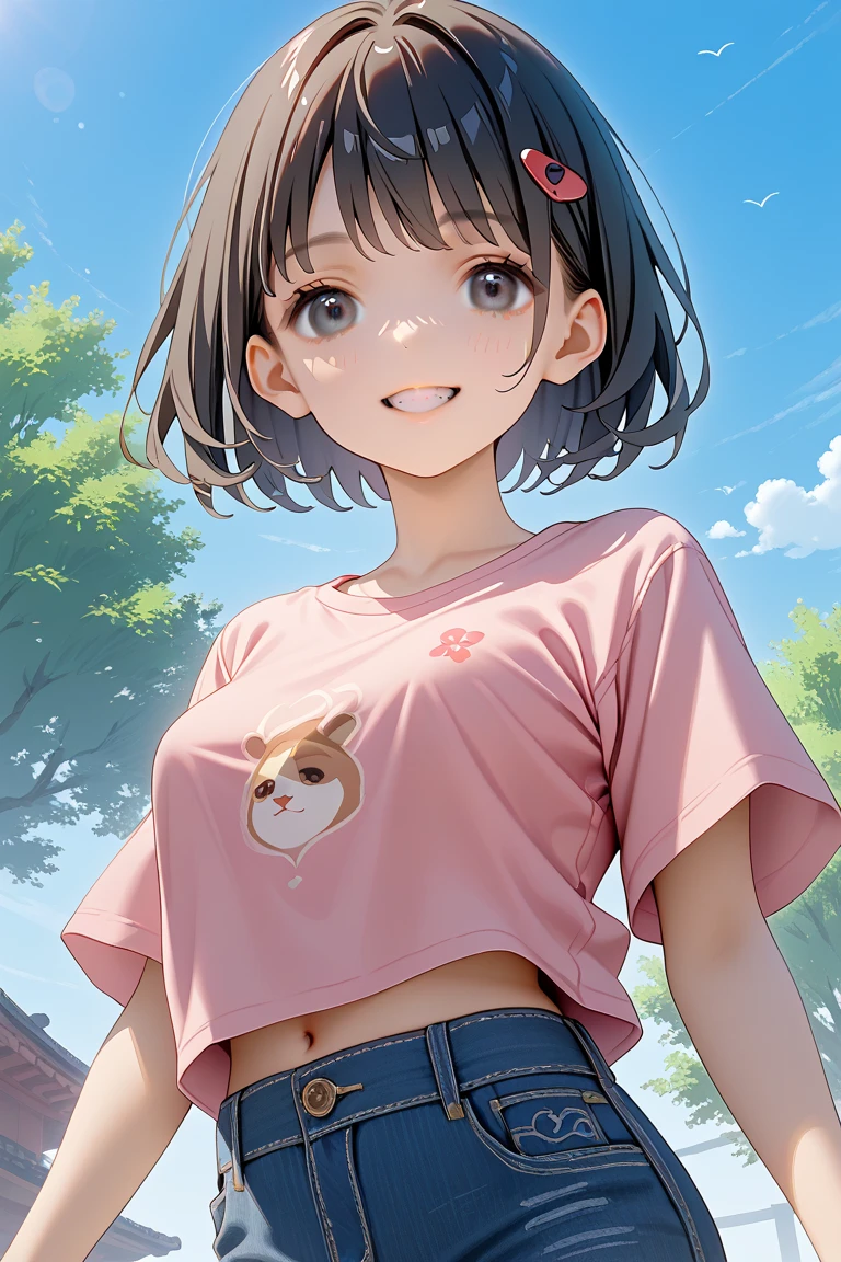 Girl、Black Hair、short hair、Short sleeve、denim、summer、smile