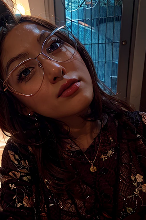 Transform the image into a painting, curly hair, dark brown eyes, golden necklace, glasses, purple dress, sexy look, looking at the viewer, 4k, full hd