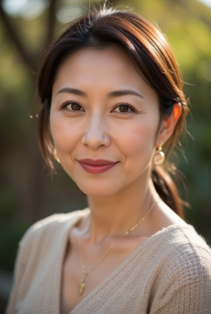 最high quality, In 8K, Overall image, Genuine, Sharp focus, high quality, High resolution, Detailed face, fine grain, Thick lips, Background Blur, alone, Middle-aged women, , 65 years old, , Wavy Hair, Cleavage, Wearing a plain short-sleeved knit, Standing in the park, Wrinkles around the eyes, Smiling with teeth showing