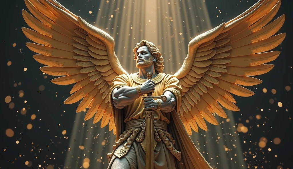 Man angel with his face all swollen,holding a sword down,with the wings opening,Renaissance art style,voando no ceu,half golden sky,from the bottom up the image