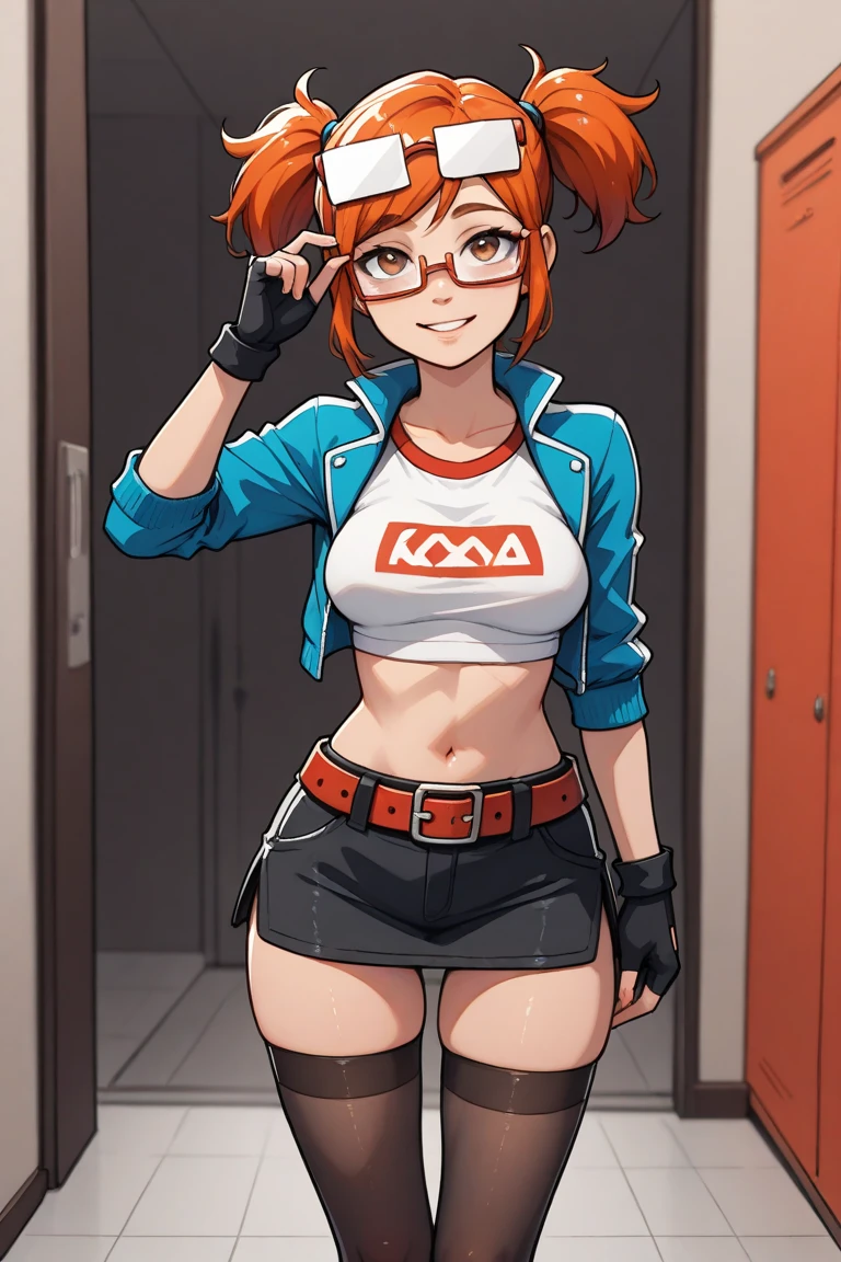 redhead ponytail glasses socks dolphin_shorts blue_halter grumpy (bikini_shop:1.4) holding shirt from rack