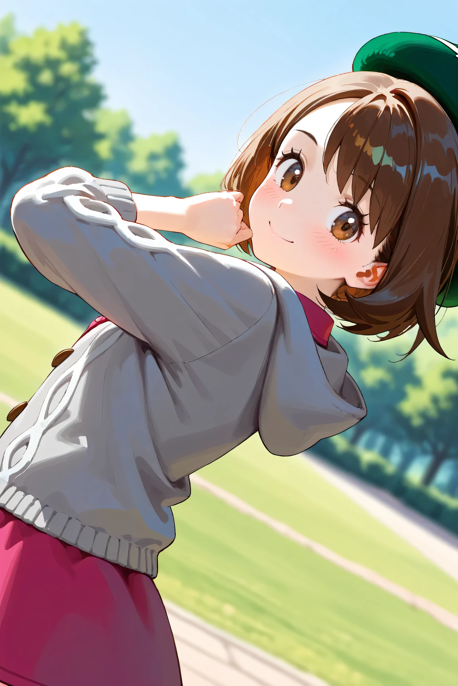 (Masterpiece), (Highest quality), (Very detailed), 
(The best shape), (Best Shadow), (Absurd), 
(Detailed background), (So beautiful), Shiny , 
Beautiful eyes in every detail, Extraordinary, Countershading, 8k, 32K, High resolution, 
Very Detailed CG, UHD,

Score_9, Score_8_up, Score_7_up, Source_anime, 
(Pastel painting:1.2), (Watercolor painting:1.2),
(Masterpiece, Detailed:1.2), (Foreshortening:1.2),

Cinematic, Dramatic, (Depth of field:1.4),
(Blurry background:1.4), (Realistic background:1.4),
(Foreshortening:1.3),Dynamic angle, dynamic pose,
1 girl,
Outdoor, Nature, Park, Wind, blue sky,

Pokémon,
gloria, gloria (pokemon), short hair, bangs, brown hair, brown eyes, eyelashes, bob cut,

hat, dress, buttons, cardigan, pink dress, green headwear, collared dress, cable knit, grey cardigan, tam o' shanter, hooded cardigan,

Portrait, Focus on face, close up shot,
(Blush:1.3), smile, happy, joyful, looking back,
Shiny skin,