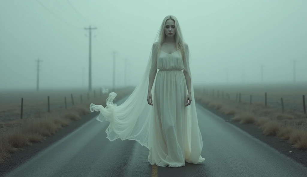 The Lady in White walking slowly along a desolate road, with her white dress flowing in the wind and a sense of mournful dread
