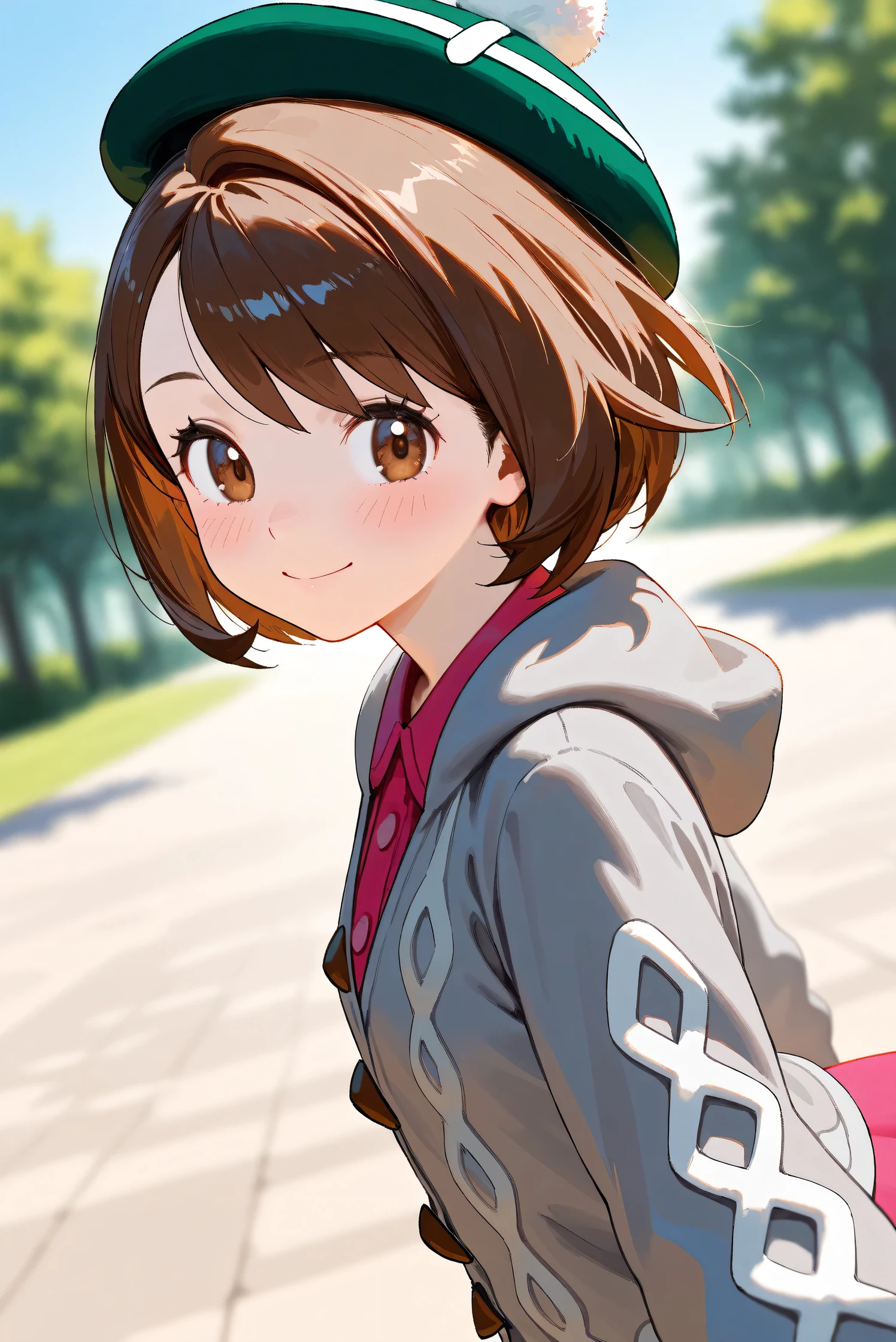 (Masterpiece), (Highest quality), (Very detailed),
(The best shape), (Best Shadow), (Absurd),
(Detailed background), (So beautiful), Shiny ,
Beautiful eyes in every detail, Extraordinary, Countershading, 8k, 32K, High resolution,
Very Detailed CG, UHD,
Score_9, Score_8_up, Score_7_up, Source_anime,
(Pastel painting:1.2), (Watercolor painting:1.2),
(Masterpiece, Detailed:1.2), (Foreshortening:1.2),
Cinematic, Dramatic, (Depth of field:1.4),
(Blurry background:1.4), (Realistic background:1.4),
(Foreshortening:1.3),Dynamic angle, dynamic pose,
1 girl,
Outdoor, Nature, Park, Wind, blue sky,
Pokémon,
gloria, gloria (pokemon), short hair, bangs, brown hair, brown eyes, eyelashes, bob cut,
hat, dress, buttons, cardigan, pink dress, green headwear, collared dress, cable knit, grey cardigan, tam o' shanter, hooded cardigan,
Portrait, Focus on face, close up shot,
(Blush:1.3), smile, happy, joyful, looking back,
Shiny skin,