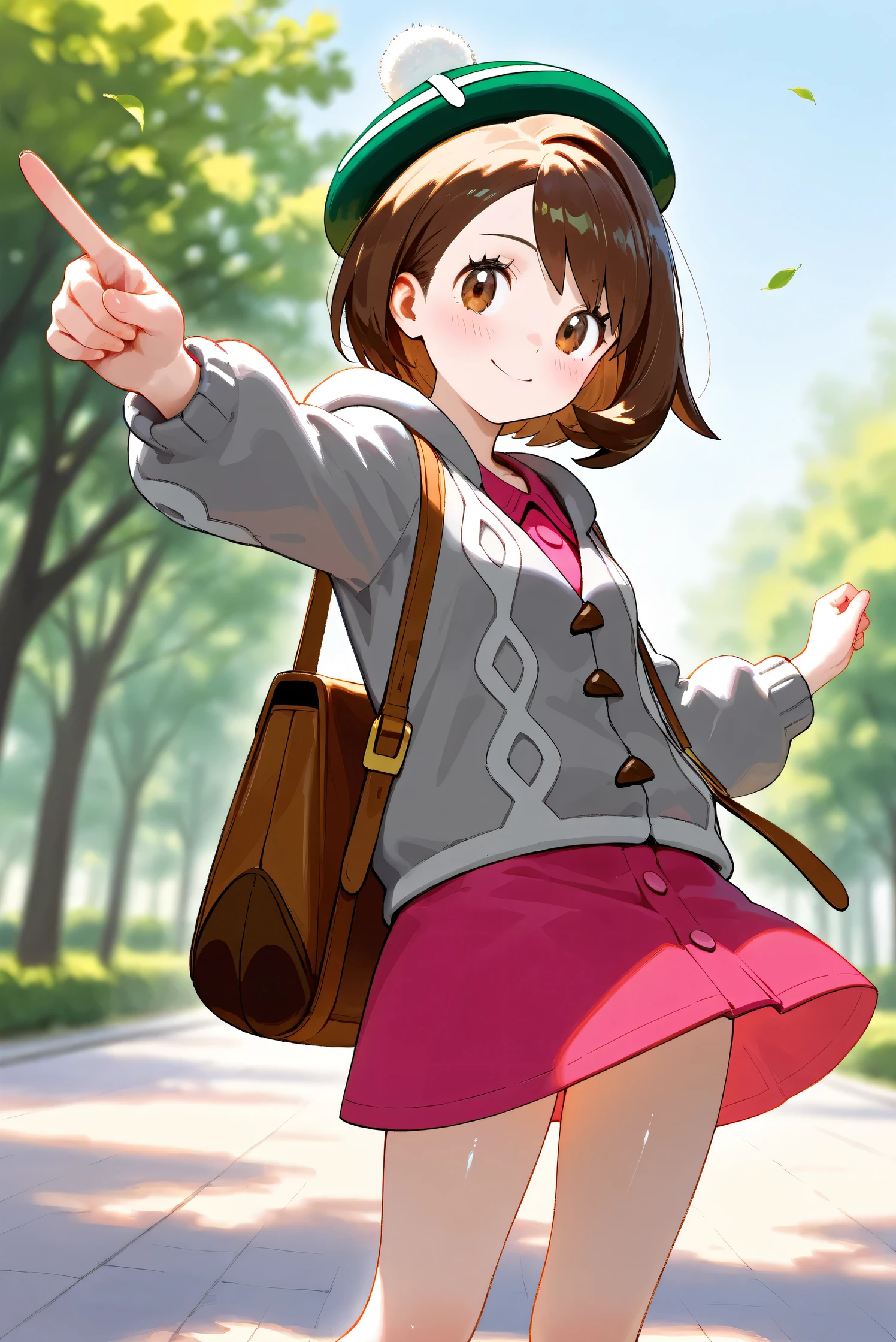 (Masterpiece), (Highest quality), (Very detailed),
(The best shape), (Best Shadow), (Absurd),
(Detailed background), (So beautiful), Shiny ,
Beautiful eyes in every detail, Extraordinary, Countershading, 8k, 32K, High resolution,
Very Detailed CG, UHD,
Score_9, Score_8_up, Score_7_up, Source_anime,
(Pastel painting:1.2), (Watercolor painting:1.2),
(Masterpiece, Detailed:1.2), (Foreshortening:1.2),
Cinematic, Dramatic, (Depth of field:1.4),
(Blurry background:1.4), (Realistic background:1.4),
(Foreshortening:1.3),Dynamic angle, dynamic pose,
1 girl,
Outdoor, Nature, Park, Wind, blue sky,
Pokémon,
gloria, gloria (pokemon), short hair, bangs, brown hair, brown eyes, eyelashes, bob cut,
hat, dress, buttons, cardigan, pink dress, green headwear, collared dress, cable knit, grey cardigan, tam o' shanter, hooded cardigan,
Portrait, Focus on face, close up shot,
(Blush:1.3), smile, happy, joyful, looking back,
Shiny skin,