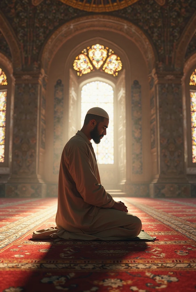 A Muslim man bows his head in a mosque
