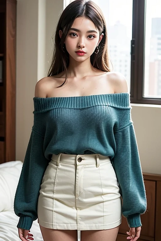 Beautiful and charming woman on fashion trends,Gentle and lovely, a beautiful woman in China,delicate sexy collarbone,Charming goose egg face,二重まぶた,Bright peach blossom eyes,Pink lips,Small upturned nose,Bare shoulders,Focus on the face,closeup of face,hyper HD,super detailing,Full body photo,Ultra-thin light transmission,The white off-the-shoulder shirt echoes perfectly with the light blue split skirt,Fresh and good,See-through,huge tit,cleavage
