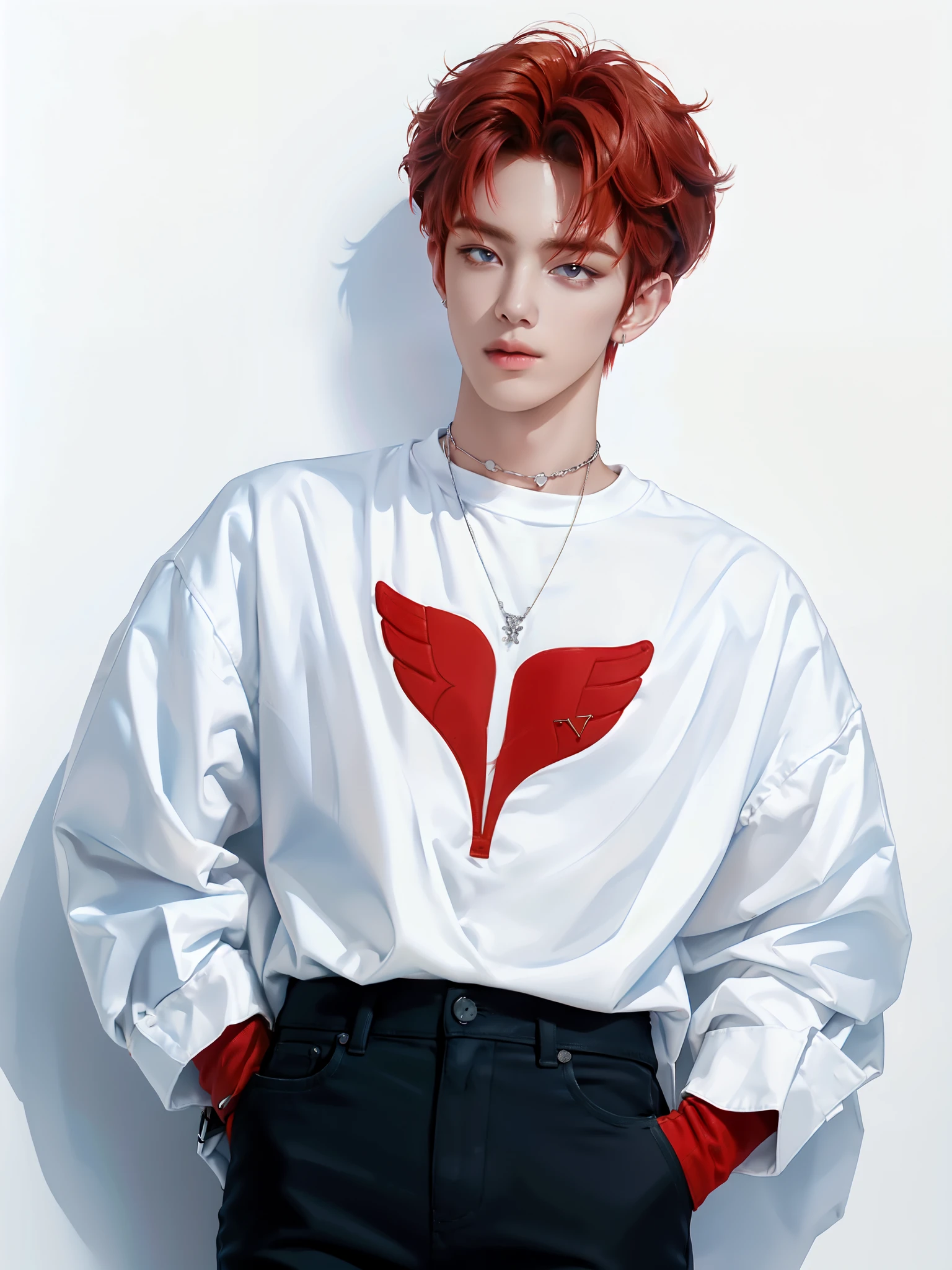 (4k)) ((  high quality foam  )) (( white background )) ((, the amber-red hair color )) ((blue pants)) стоит прмо One участник к-поп группы,   Yeongjun has a refined and attractive appearance   ........, , accessories that immediately make him stand out from others . He has soft features..........., perfect skin and expressive eyes, his nose is long, and plump lips. medium-length hair,  slightly wavy ,  and is painted in a warm reddish tint with a slight honey tint . Он часто укладывает волосы вот So, So,  So, so that the bangs cover his forehead on both sides , ,  which adds mystery and a romantic look  . He wears :   A lightweight white t-shirt or top combined with a black or dark red silk or velvet vest.   Braces can be left aside or worn casually  , For .
 through :    black pants with a shiny effect   .
 accessories:   metallic choker  ,  thin speaker bracelets  ,   clip-on earrings or small earrings  ,   to add detail  .   Braces create contrast and add sass  . (  relaxed pose  )) ((full size pose)) ((looks at me)) (( hands are relaxed )) ((hand in pocket) ((full size pose)) ((painting in artistic style)) (( white background )) ((Выстрел One)) ((One))