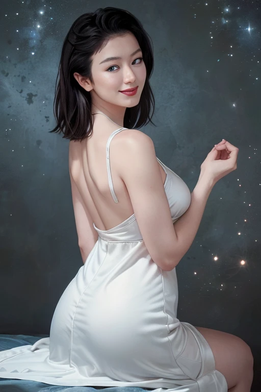 8K, masterpiece, RAW Photos, Highest quality, Realistic, Very detailed, Depth of written boundary, Cinematic Light, Anatomically correct body,
One sexy and beautiful mature woman,
Black bob cut short hair, Very beautiful face, Exquisitely detailed face, Glamorous Body,
Transparent white skin, Very detailed肌の質感, Beautiful and big breasts, Shapely ass, Firm thighs,
White bikini swimsuit, Detailed cloth texture, Gorgeous necklace, Gorgeous earrings,
Starry sky background, Dark sandy beach at night, Pitch black sea surface,
Beautiful back view,