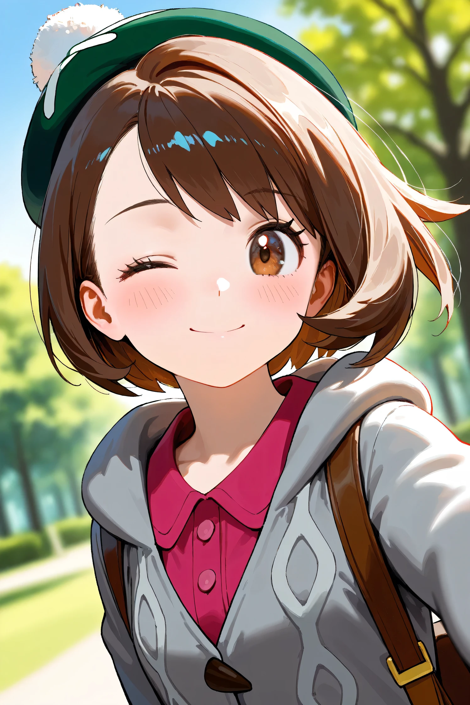 (Masterpiece), (Highest quality), (Very detailed),
(The best shape), (Best Shadow), (Absurd),
(Detailed background), (So beautiful), Shiny ,
Beautiful eyes in every detail, Extraordinary, Countershading, 8k, 32K, High resolution,
Very Detailed CG, UHD,
Score_9, Score_8_up, Score_7_up, Source_anime,
(Pastel painting:1.2), (Watercolor painting:1.2),
(Masterpiece, Detailed:1.2), (Foreshortening:1.2),
Cinematic, Dramatic, (Depth of field:1.4),
(Blurry background:1.4), (Realistic background:1.4),
(Foreshortening:1.3),Dynamic angle, dynamic pose,
1 girl,
Outdoor, Nature, Park, Wind, blue sky,
Pokémon,
gloria, gloria (pokemon), short hair, bangs, brown hair, brown eyes, eyelashes, bob cut,
hat, dress, buttons, cardigan, pink dress, green headwear, collared dress, cable knit, grey cardigan, tam o' shanter, hooded cardigan,
Portrait, Focus on face, close up shot,
(Blush:1.3), smile, happy, joyful, one eye closed,
Shiny skin,