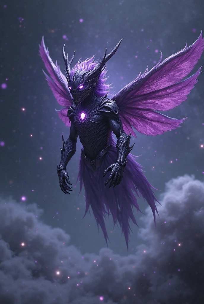 Illustration of a mesmerizing landscape on the planet Astromoai, with towering mountains covered in glittering purple crystals reflecting the bright blue light of the twin moons, while bioluminescent flora illuminates the dark, mysterious forests below, and in the distance, a majestic alien creature with iridescent wings soars through the colorful sky